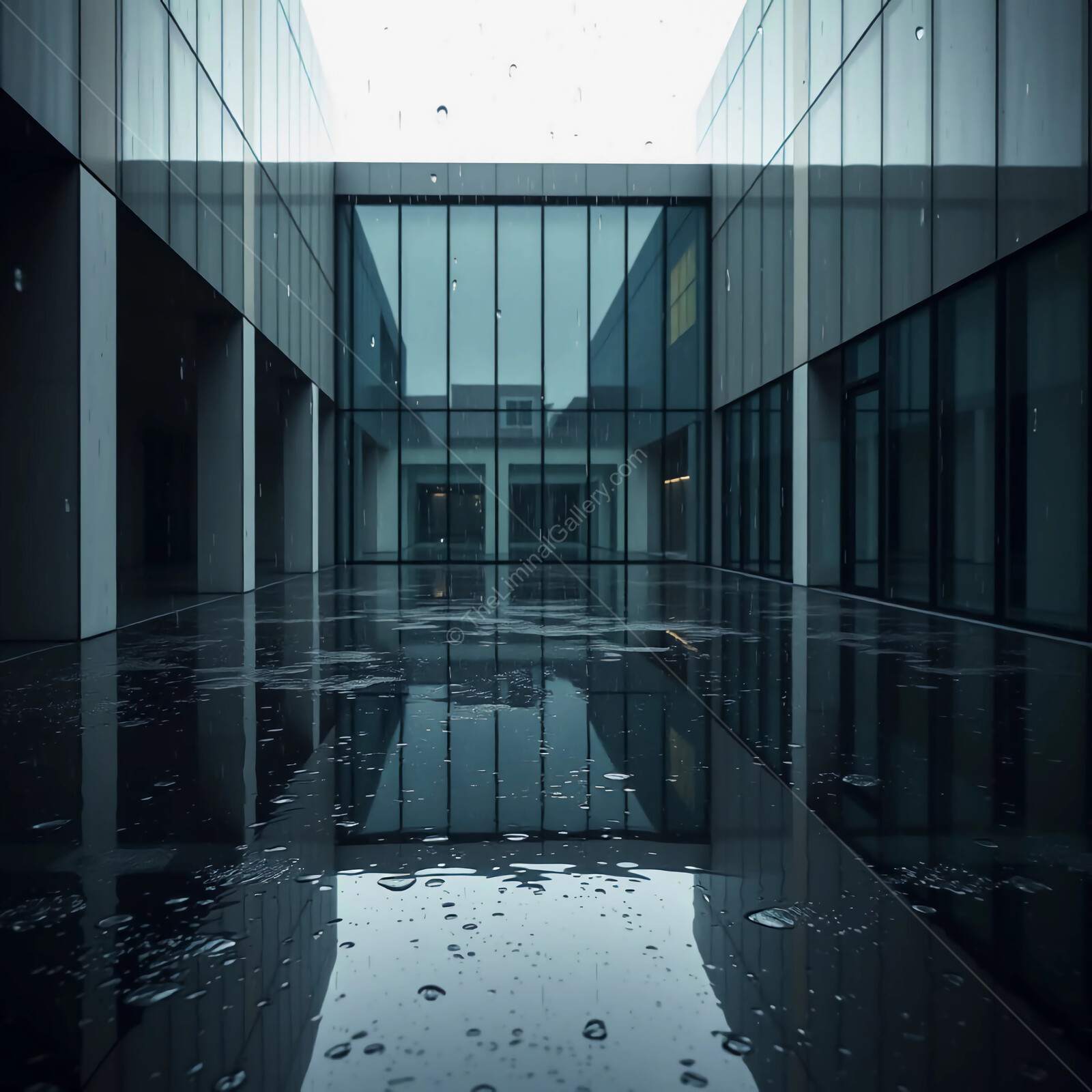 Reflections of a serene courtyard in the rain, capturing modern architecture's elegance and tranquility