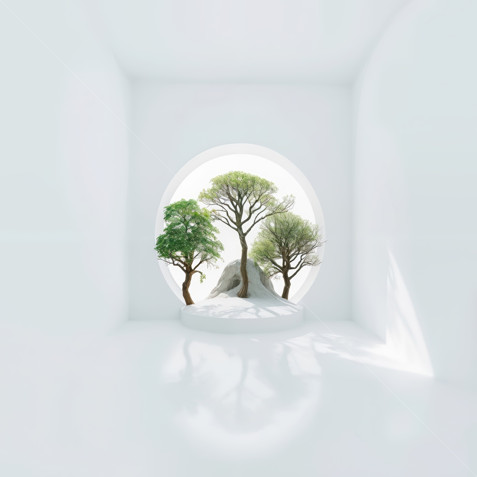 Explore a serene liminal sanctuary with trees framed in a minimalist space filled with light