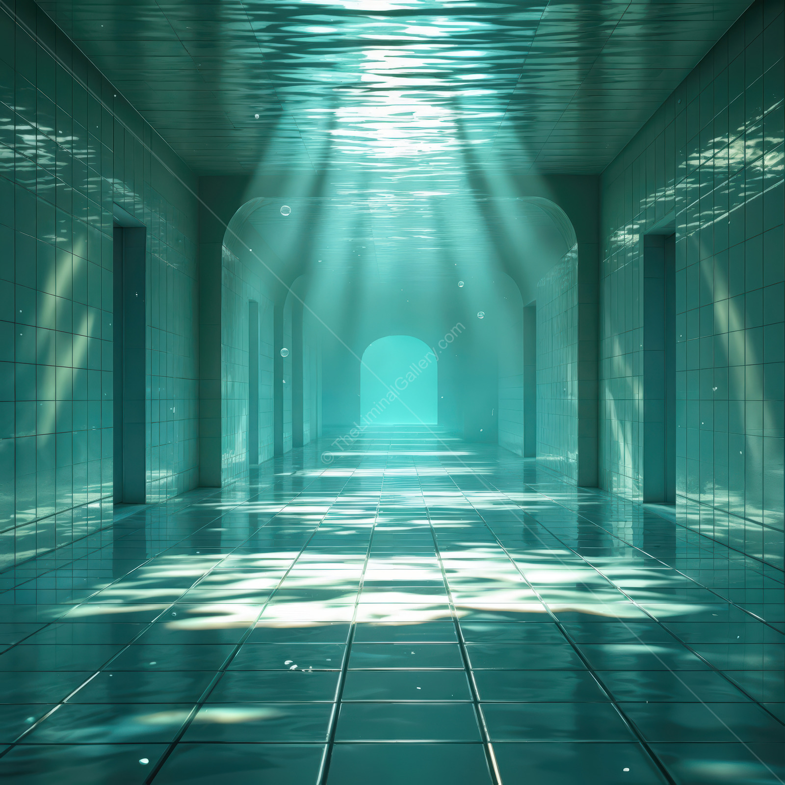 Soft rays filter through liminal underwater corridor, where tranquil currents echo vaulted halls and invite meditative exploration of silent aquatic mysteries