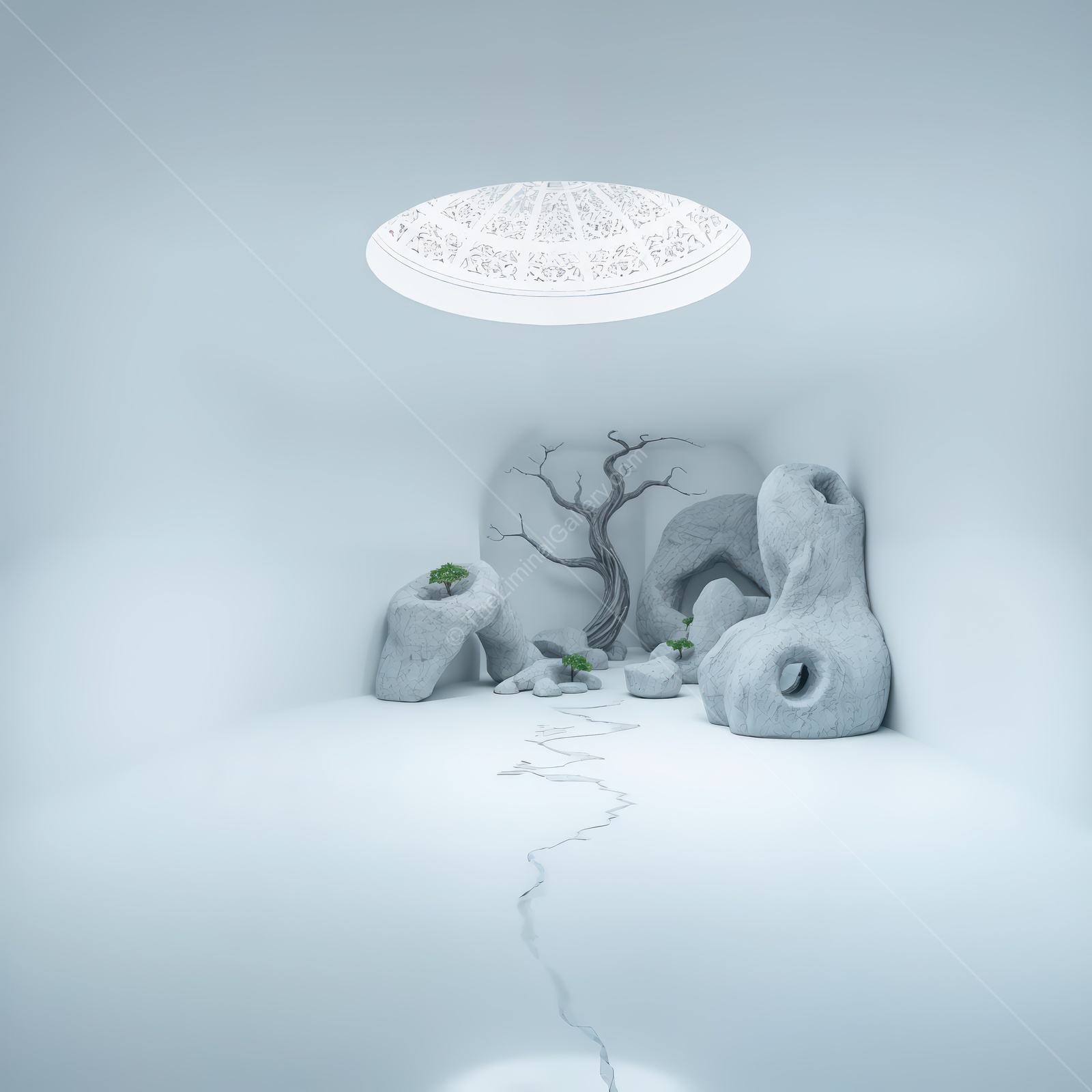 Serenity in a liminal minimalist space with natural elements and soft light at a tranquil time