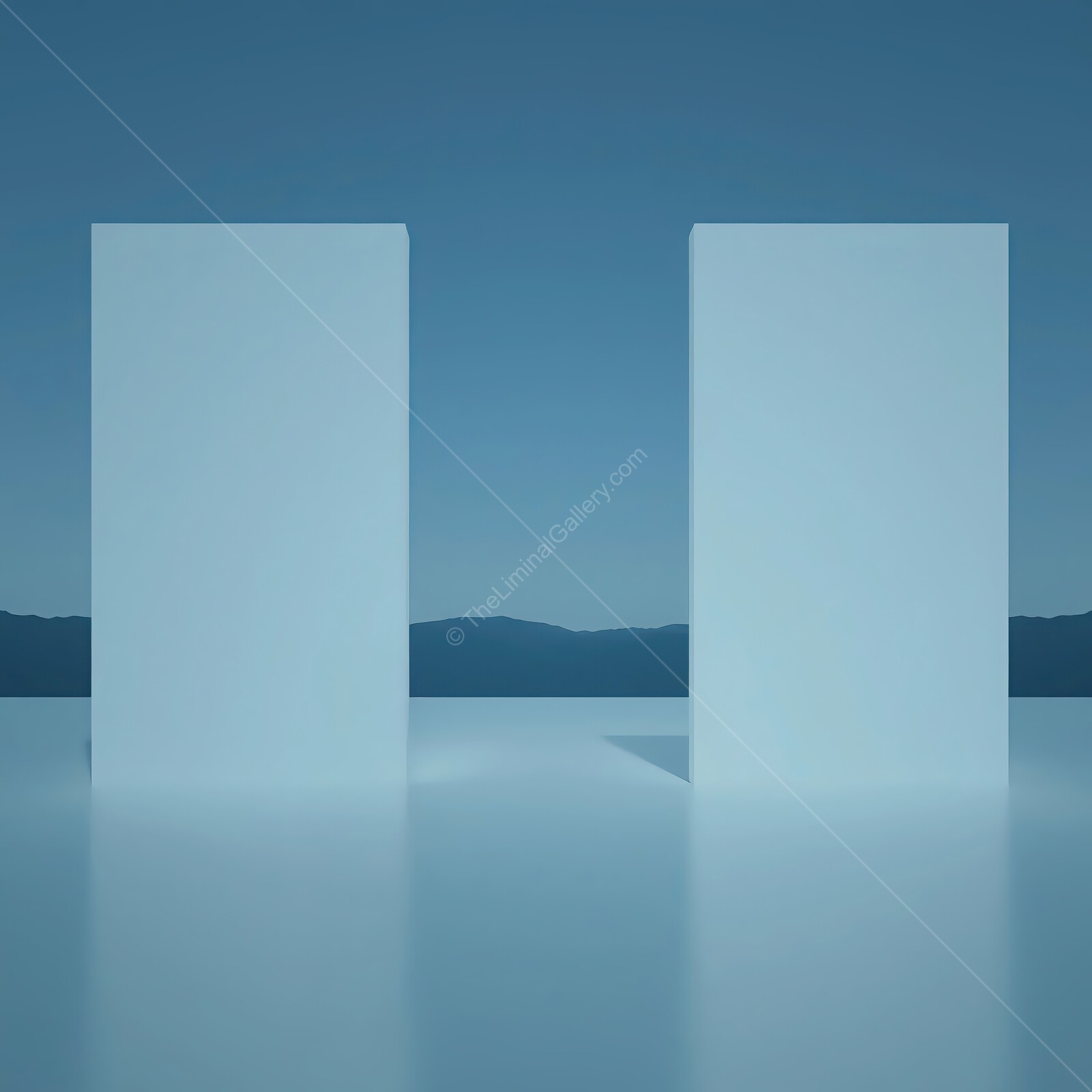 Calm serenity envelops liminal minimalist structures against a tranquil sky and distant mountains at dusk