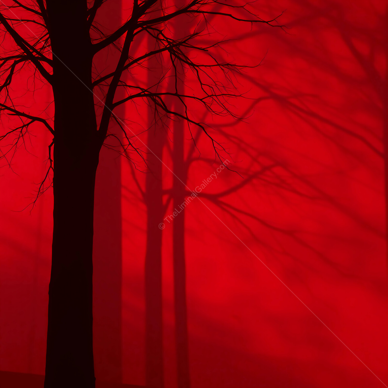 Shadows dance eerily against a crimson backdrop under the haunting glow of dusk in a secluded forest