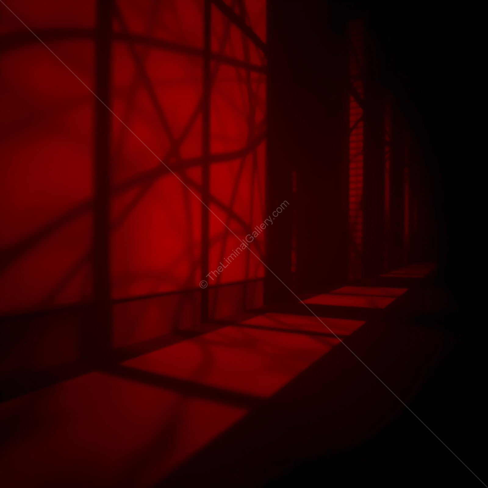 Intricate shadows dance across a crimson wall in a mysterious indoor setting at twilight