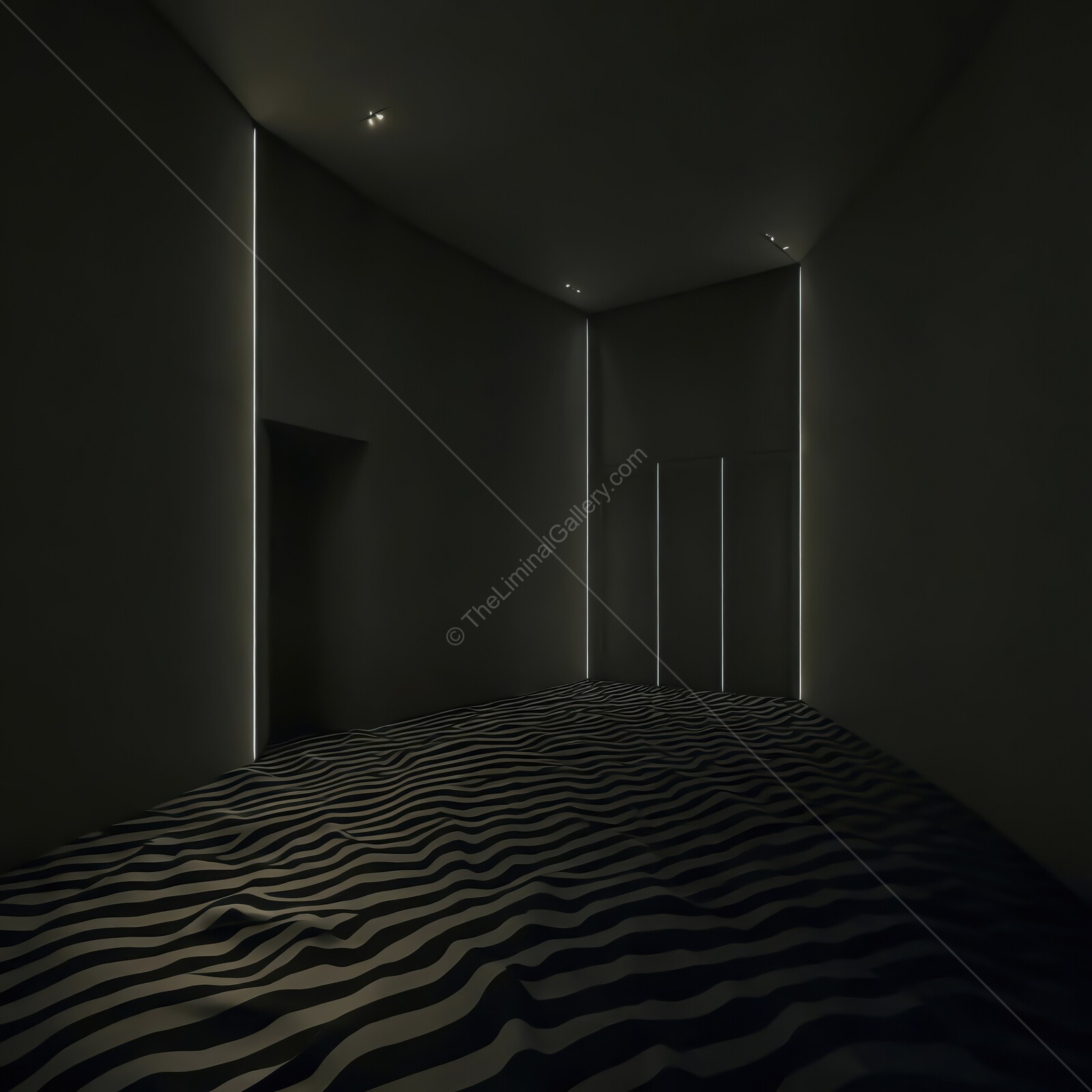 Unique interplay of shadows and light in a minimalist bedroom space at night