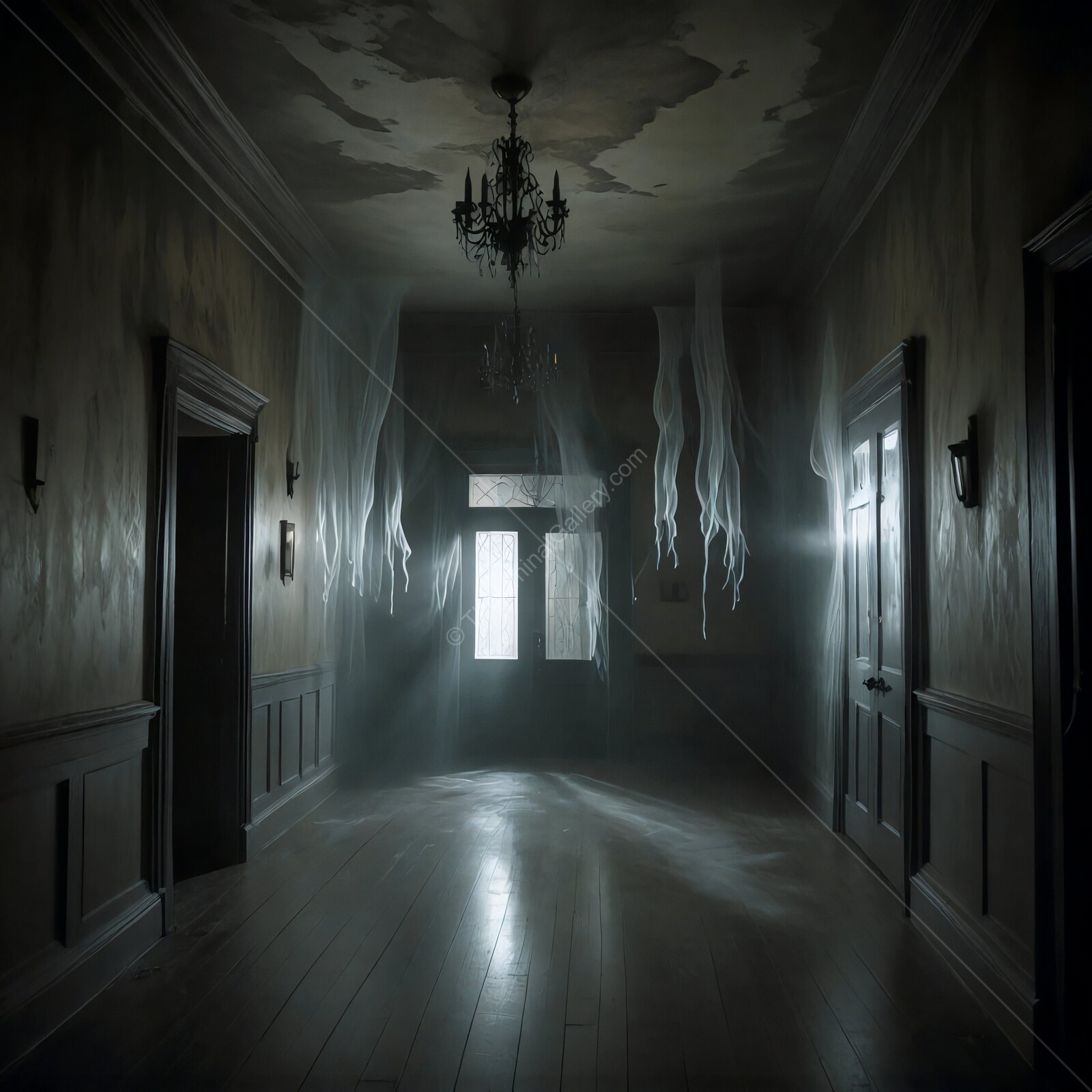 Shadowy hallway filled with eerie mist and haunting decor during twilight in an abandoned building