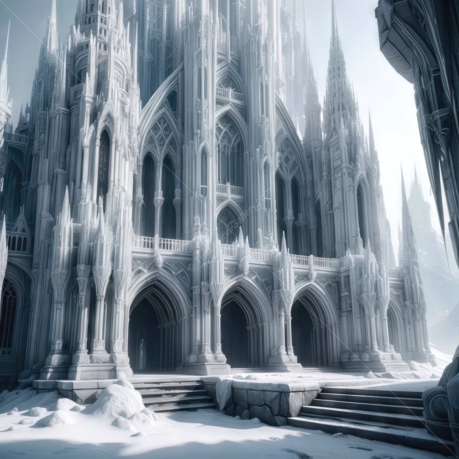 A crystalline ice castle towers over snowy fields, its intricate turrets and frozen arches echoing epic fantasy lore, sparking imagination with shimmering winter majesty