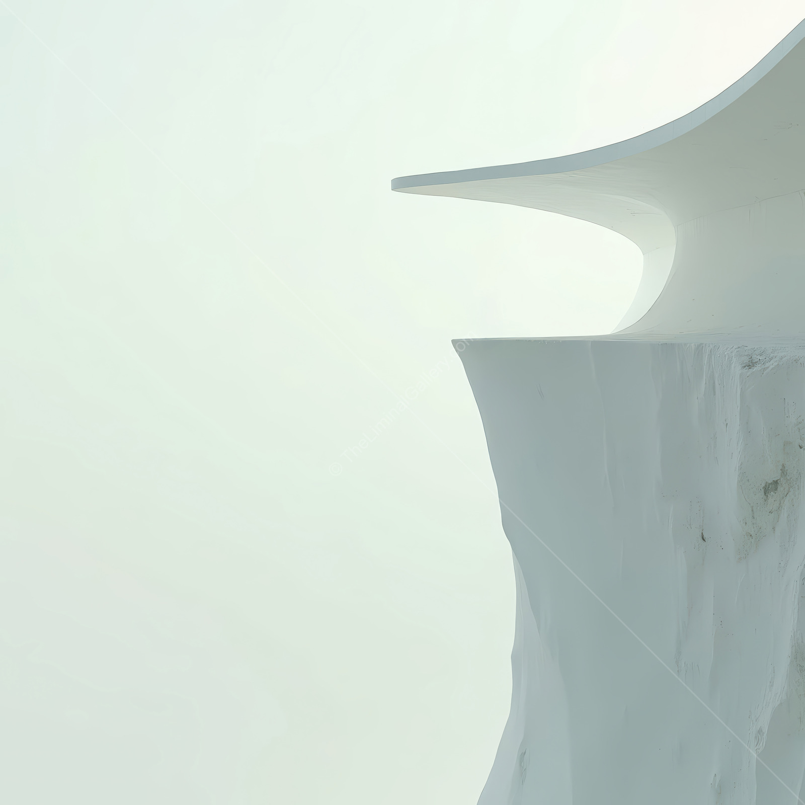 Architectural elegance meets nature's beauty at the edge, where a stunning white structure gracefully curves into the sky against a soft, ethereal backdrop