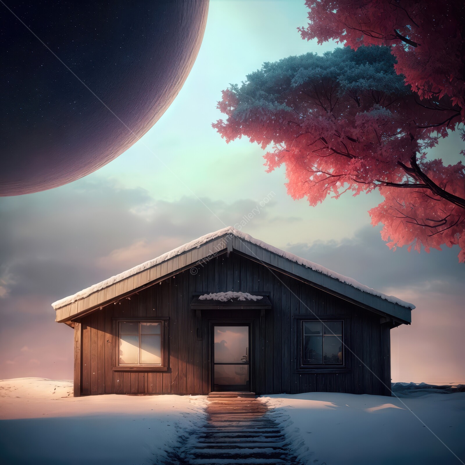 Snowy liminal cabin under a massive celestial body with vibrant pink trees on a tranquil winter evening