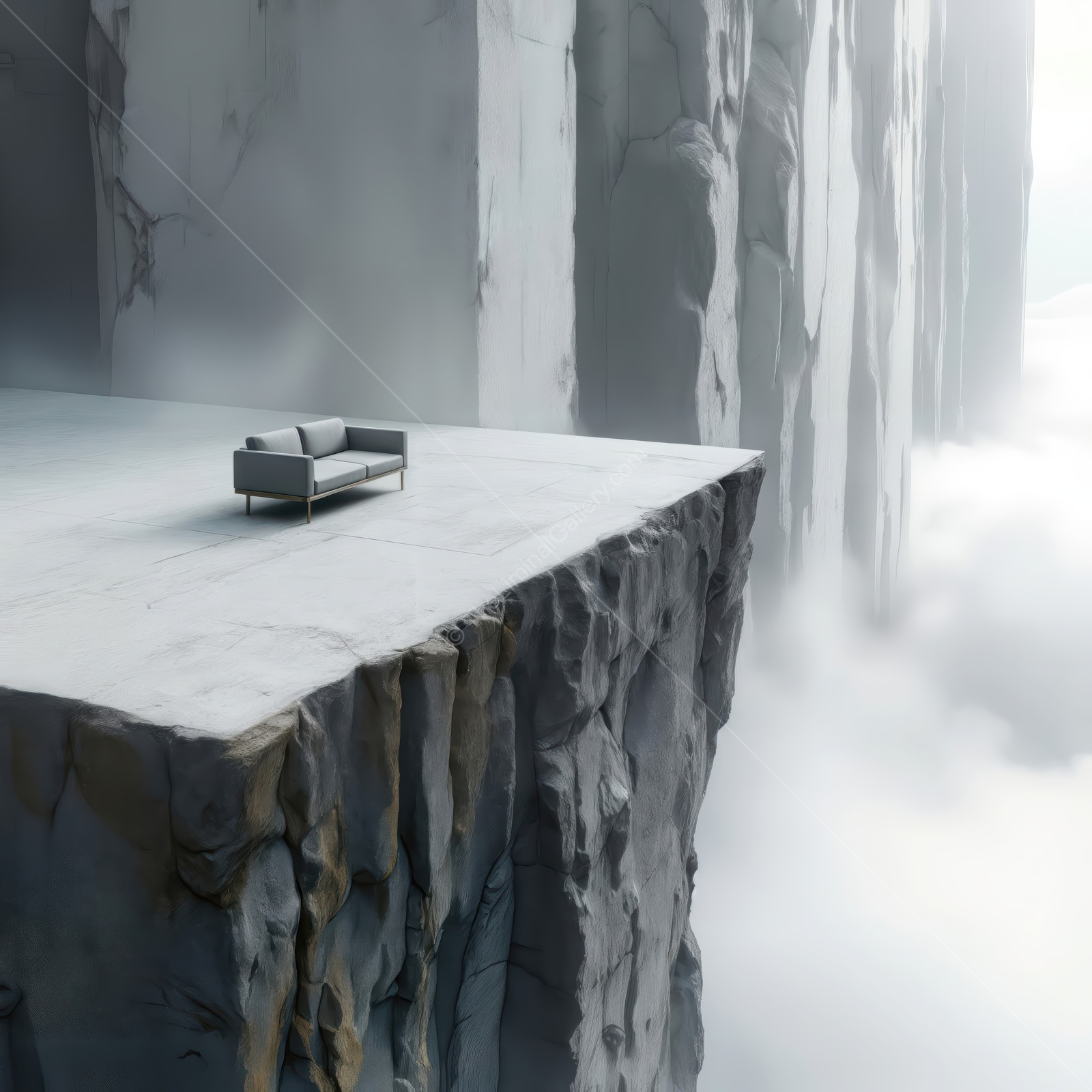 Exploring the surreal edge of reality with a solitary couch on a cliff above a misty abyss