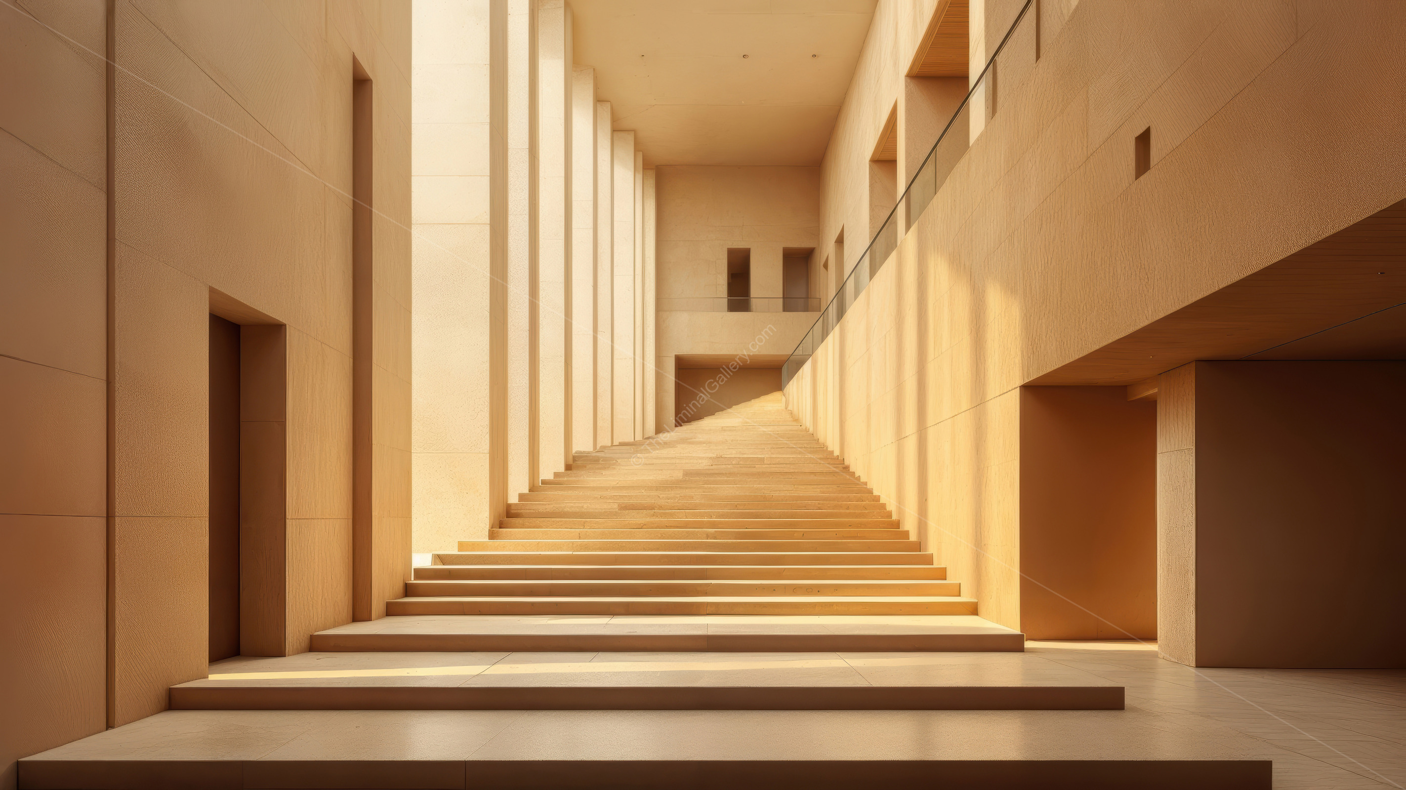 Liminal stairway ascends through soft hues and rhythmic lines of a modern masterpiece, midday glow enveloping visitors in quiet peace and elevating every step to meditative art