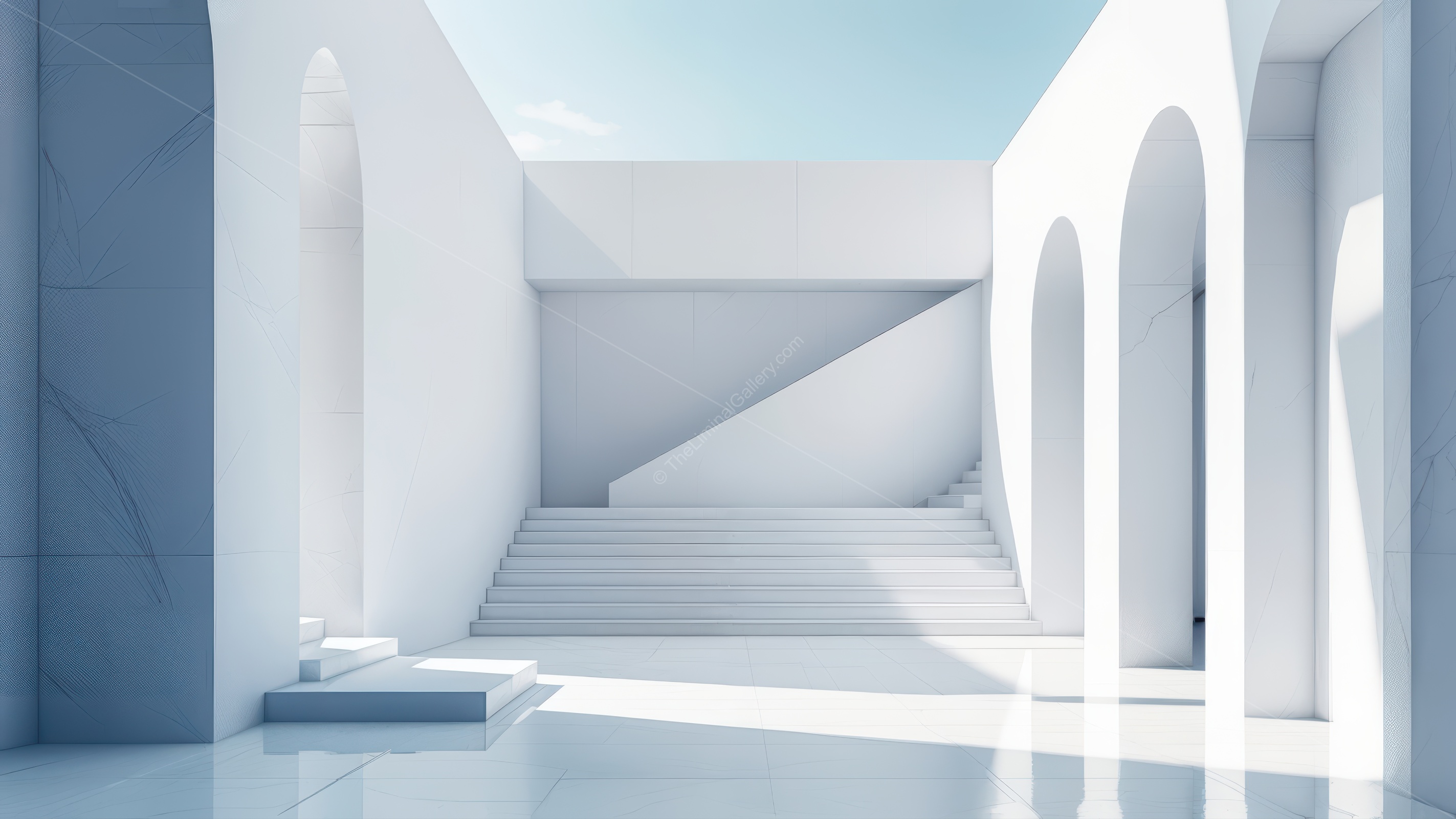 Exploration of minimalism in architectural design featuring a spacious white interior with elegant arches and soft sunlight illuminating the smooth surfaces