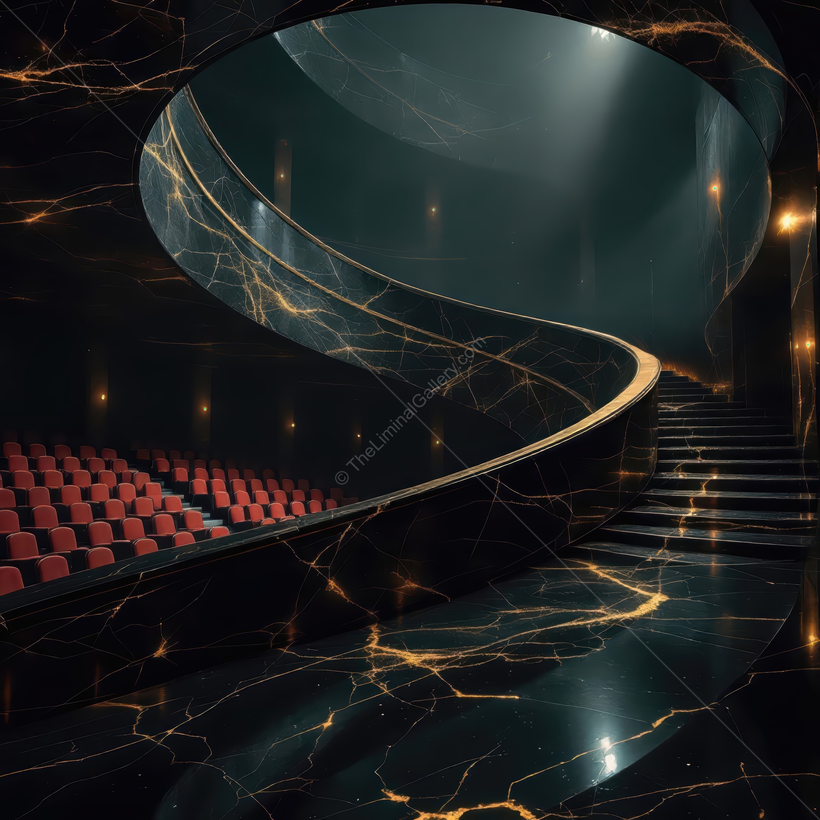 Stunning spiral staircase in a dimly lit theater showcasing liminal space with elegant marble details and rich textures