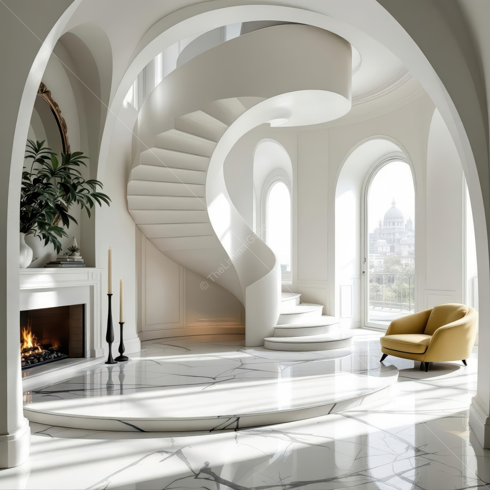 Exploring a serene liminal space with elegant spiral staircase and modern interior design