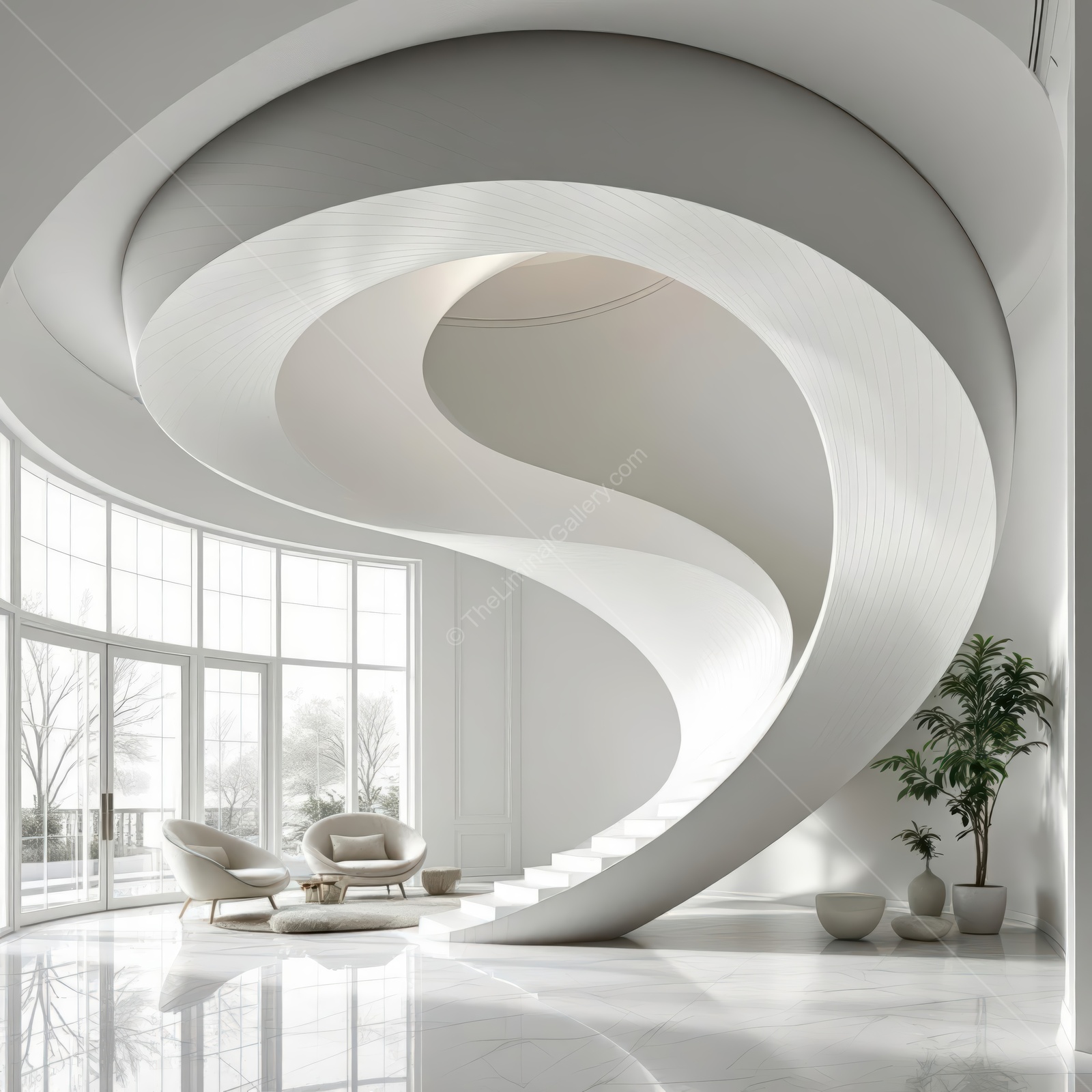 Exploring the elegant flow of a liminal space with a spiraling staircase and minimalist decor