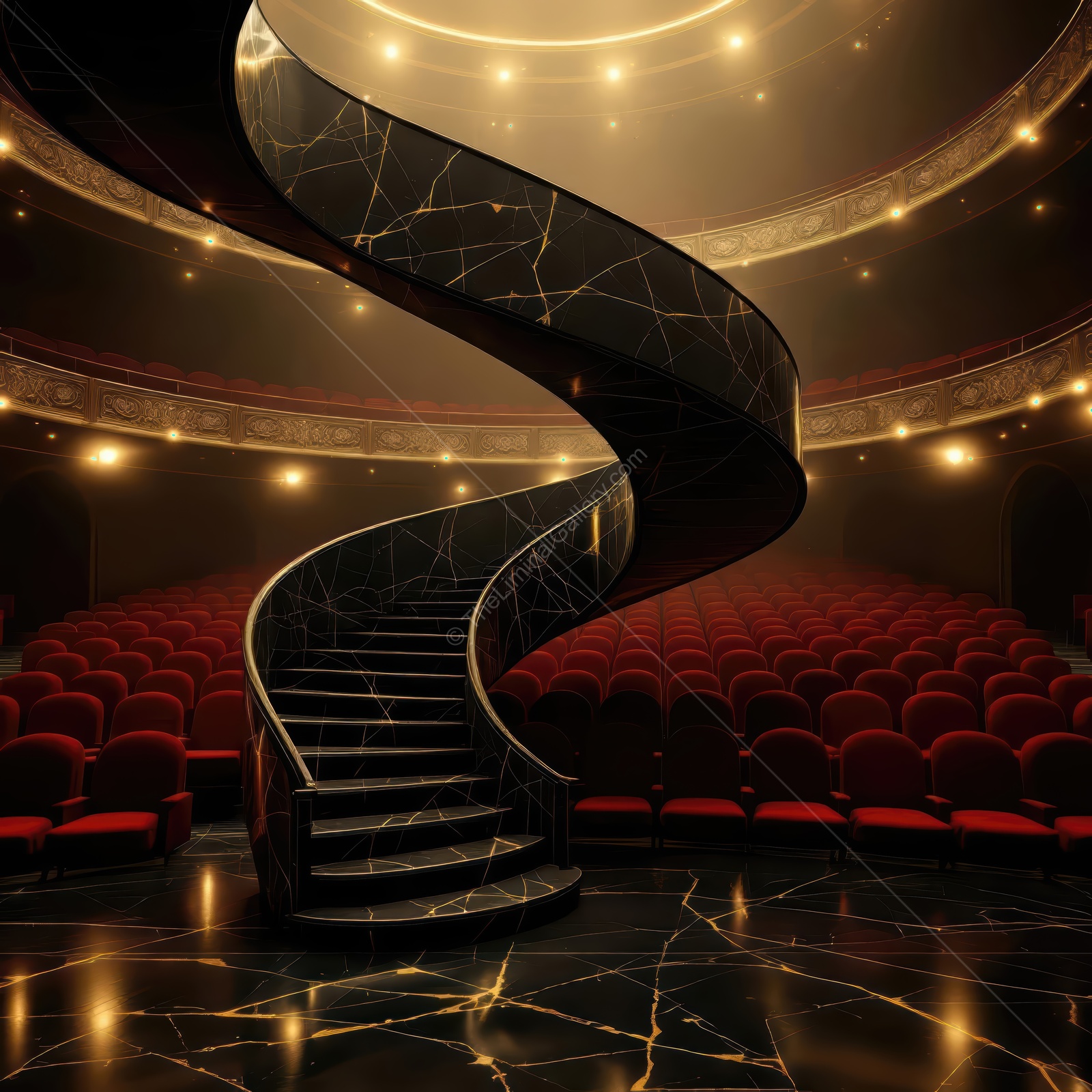 Staircase to nowhere in a grand theater filled with empty red seats and warm golden lights