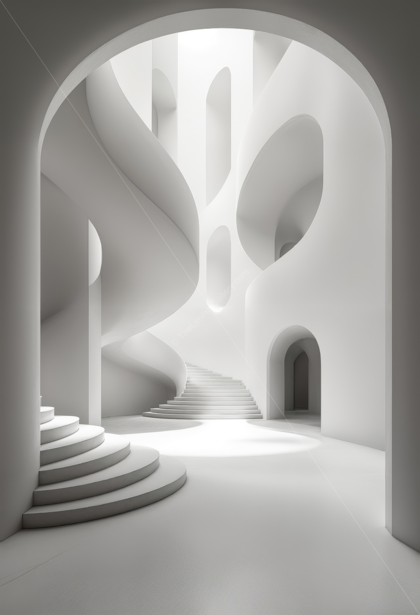 Modern architectural marvel showcases a unique spiral staircase and fluid forms, blending light and shadow for an immersive experience in a contemporary space
