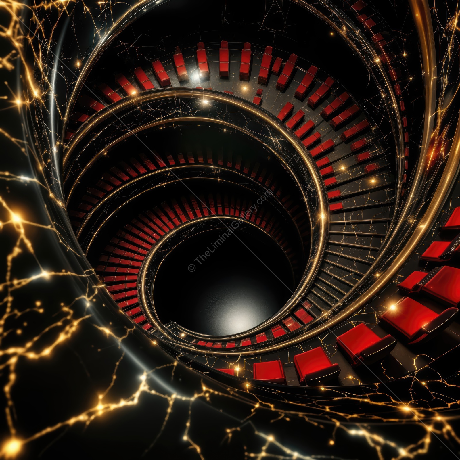Exploring the enchanting depths of a twisted spiral staircase illuminated with golden lights and red seating