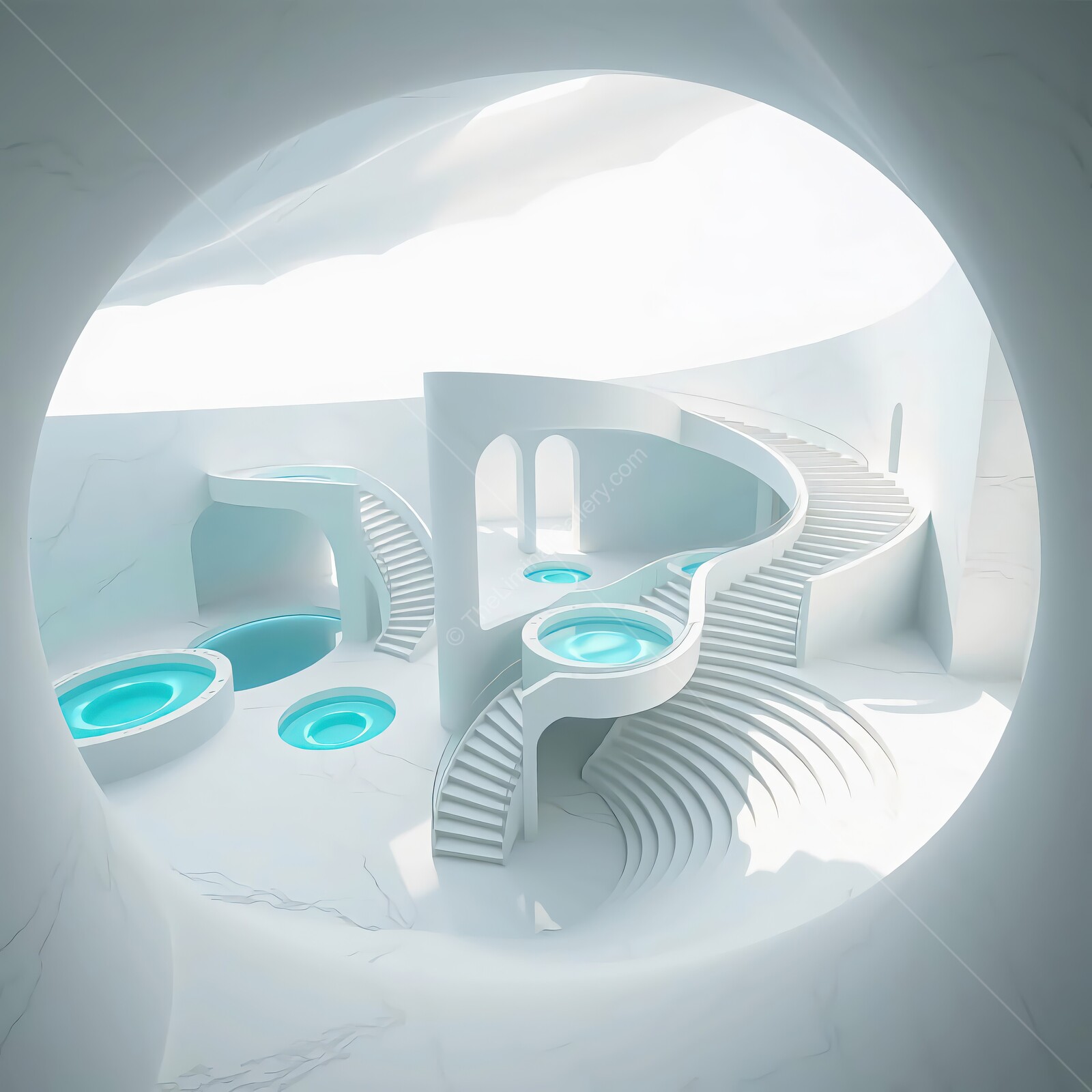 Elegant liminal spiral staircase leads to serene pools in a futuristic architectural space with ethereal lighting