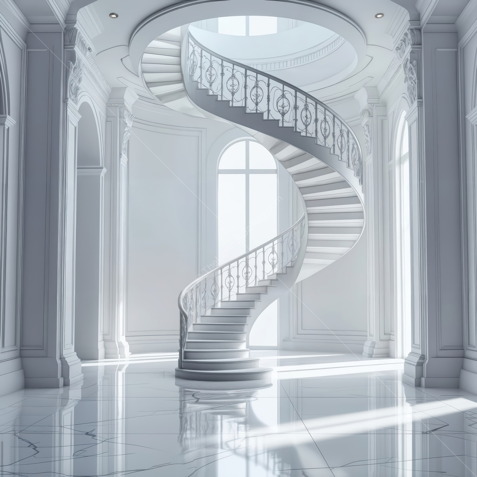 Whispers of light in a surreal, spiral staircase within an ethereal space