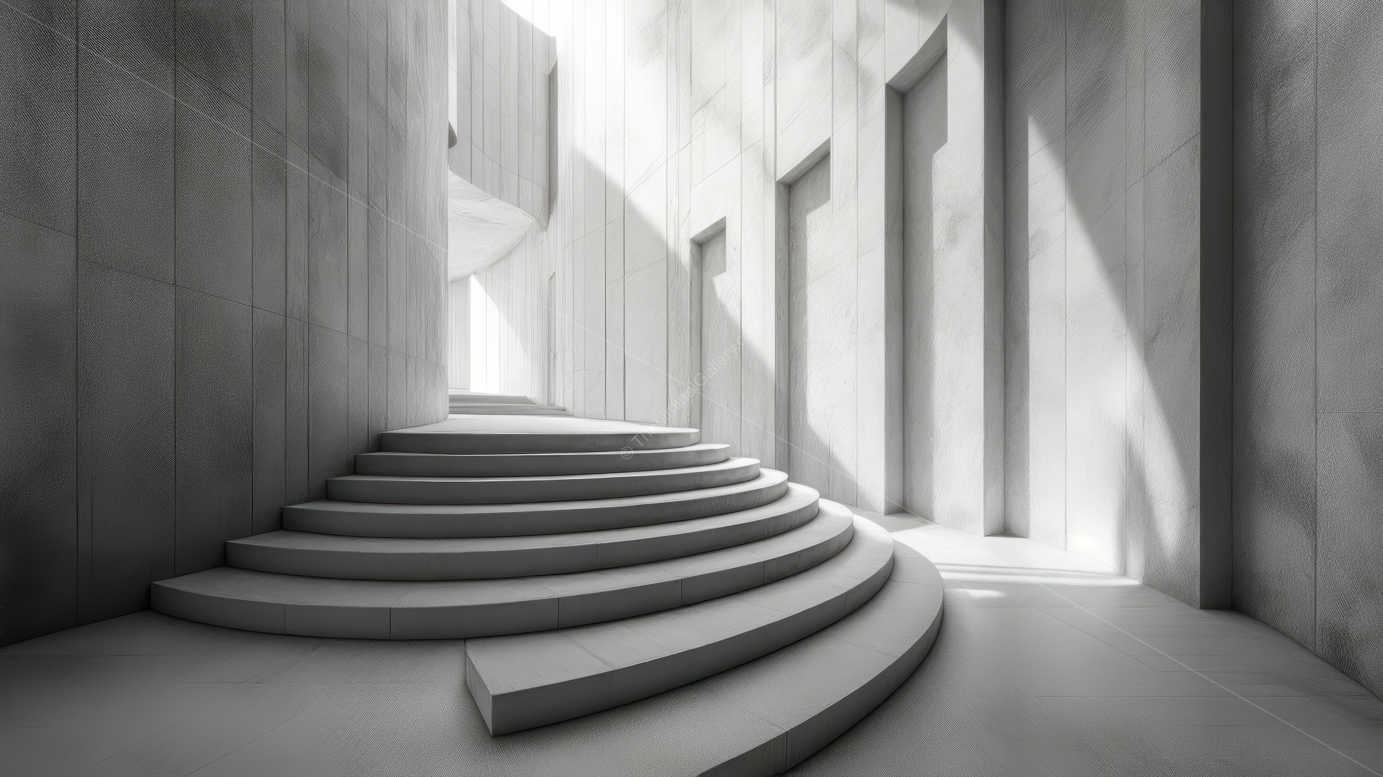 Sleek spiral stairs float inside a sunlit modern atrium, their curves catching beams that dance across glass and steel, elevating everyday movement to art