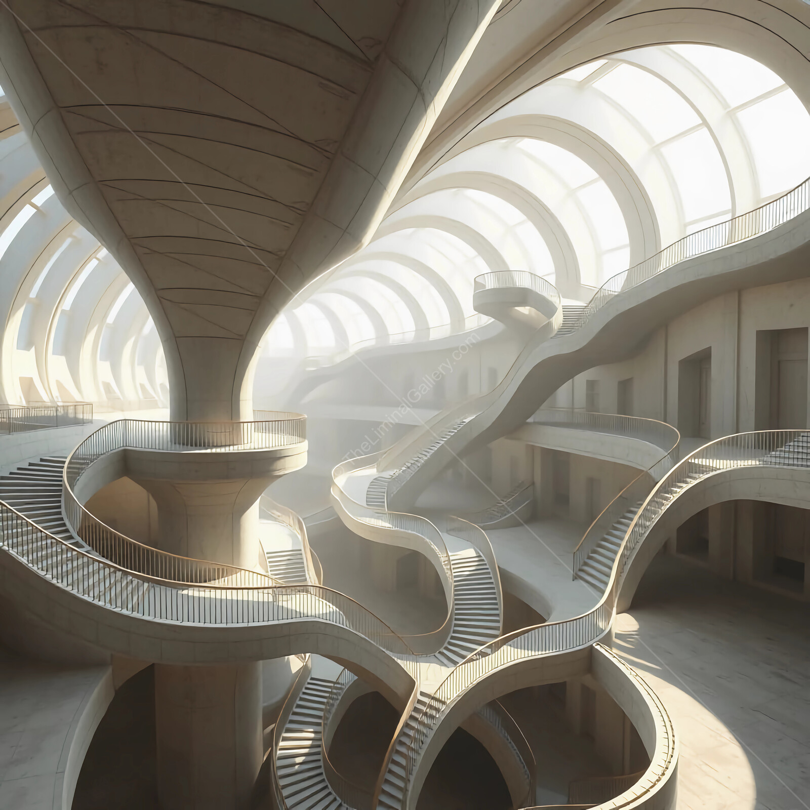 Unique liminal architectural marvel showcasing spiraling staircase design in an airy atrium with soft light