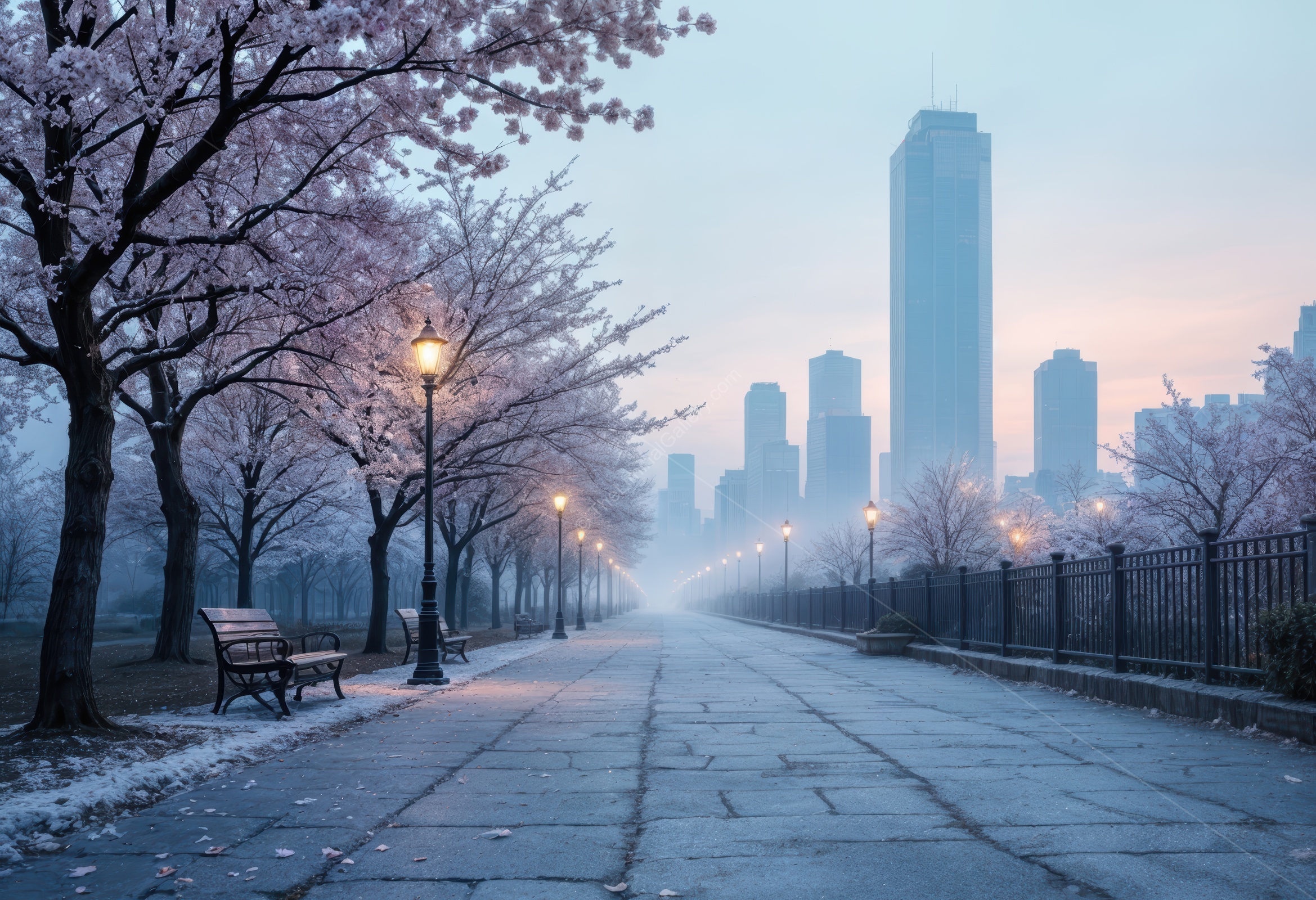 Spring mist drifts among blossoming cherry trees as skyscrapers tower beyond, blending delicate petals with bold city lines in a poetic morning juxtaposition