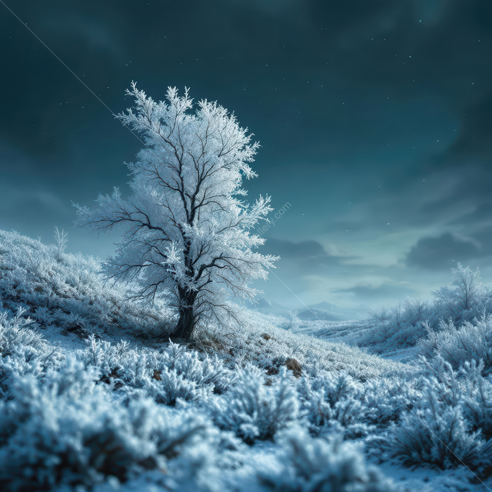 Frozen plain sparkles under starry night, lone frost-laden tree standing in stillness, creating a mesmerizing winter tableau of silence, beauty, and wonder