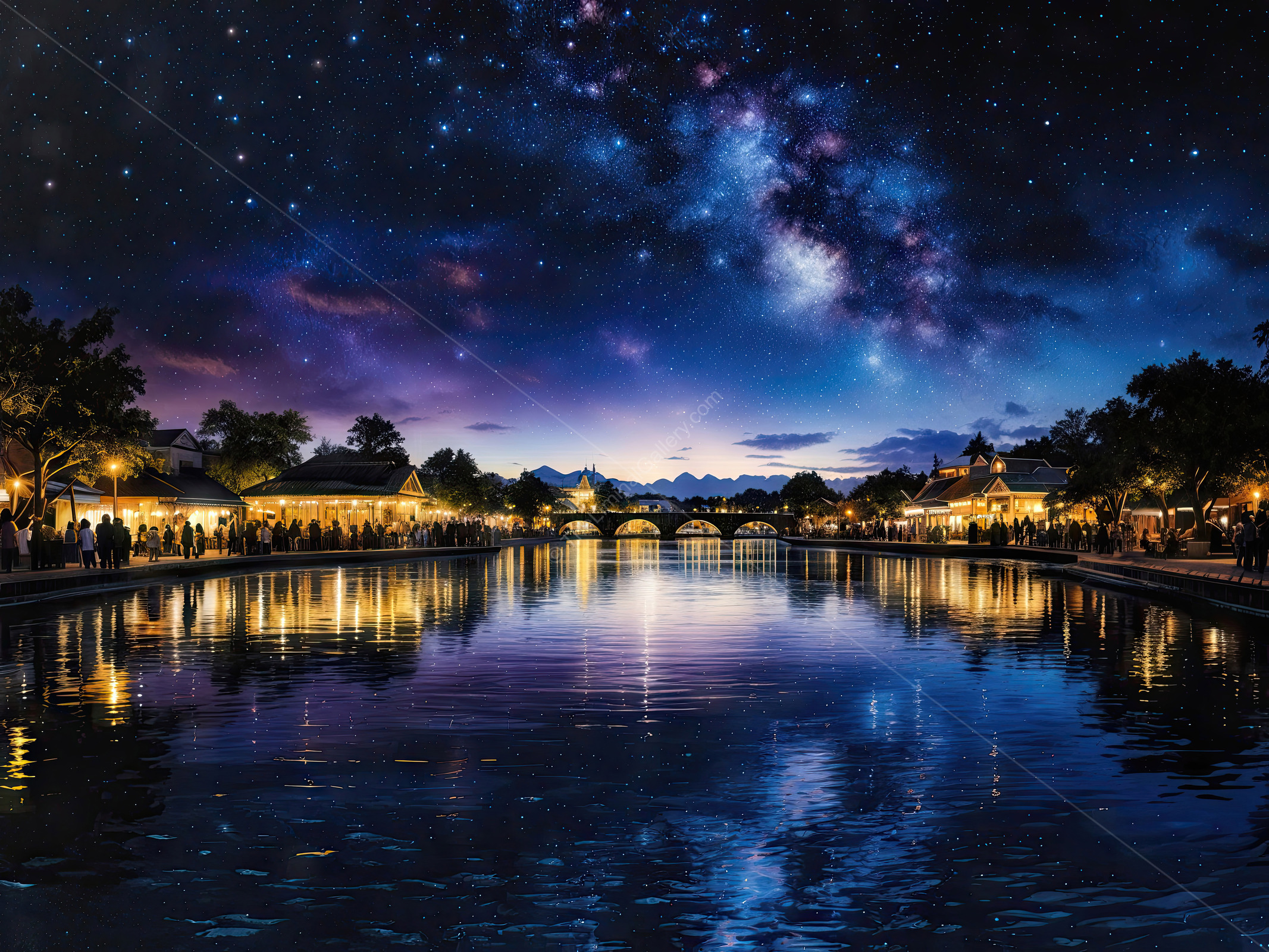 Starry night brightens riverbank festivities, celestial glow reflecting on water as laughter and music celebrate life beneath twinkling heavens