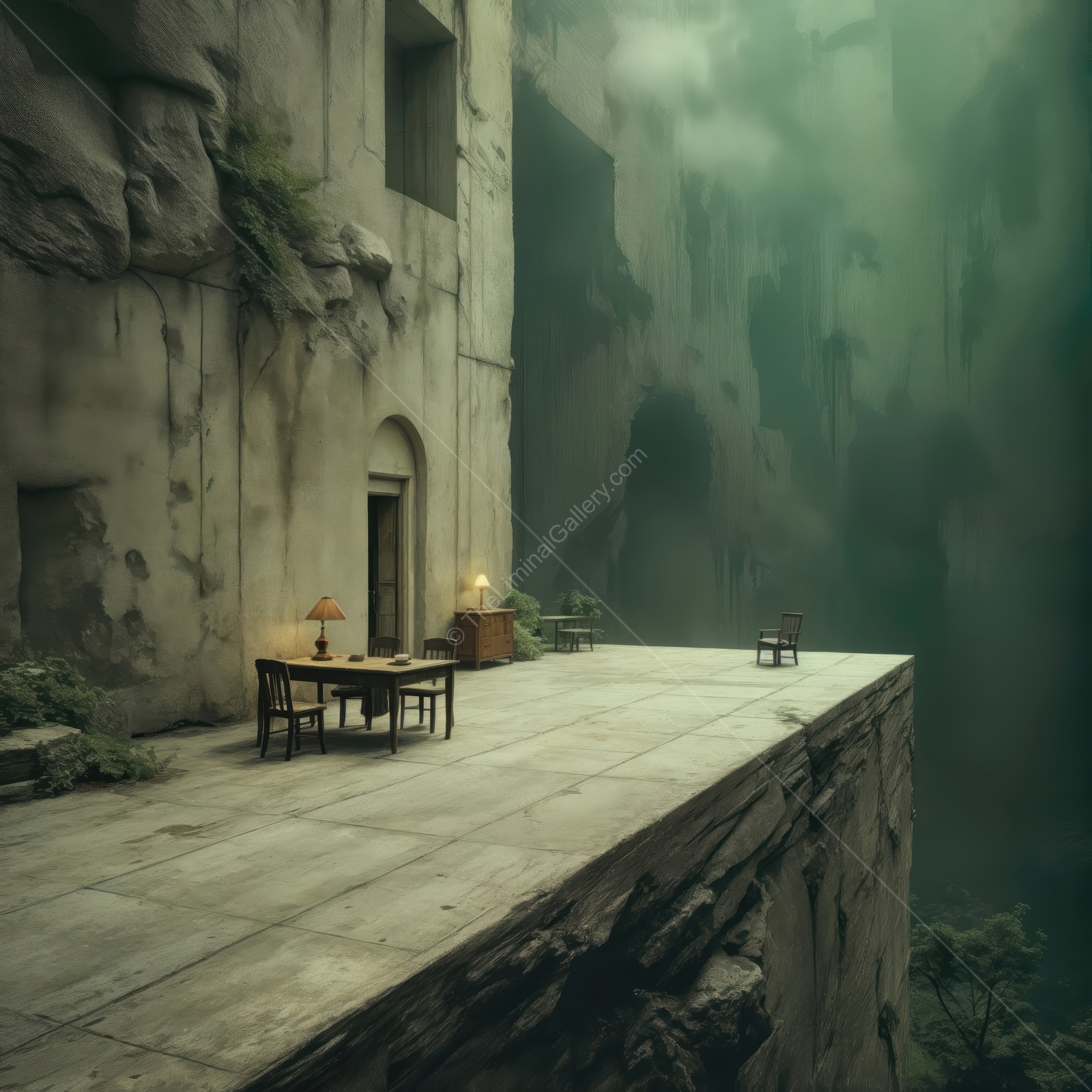 Exploring a haunting liminal space where reality meets the surreal at a cliff's edge during foggy twilight