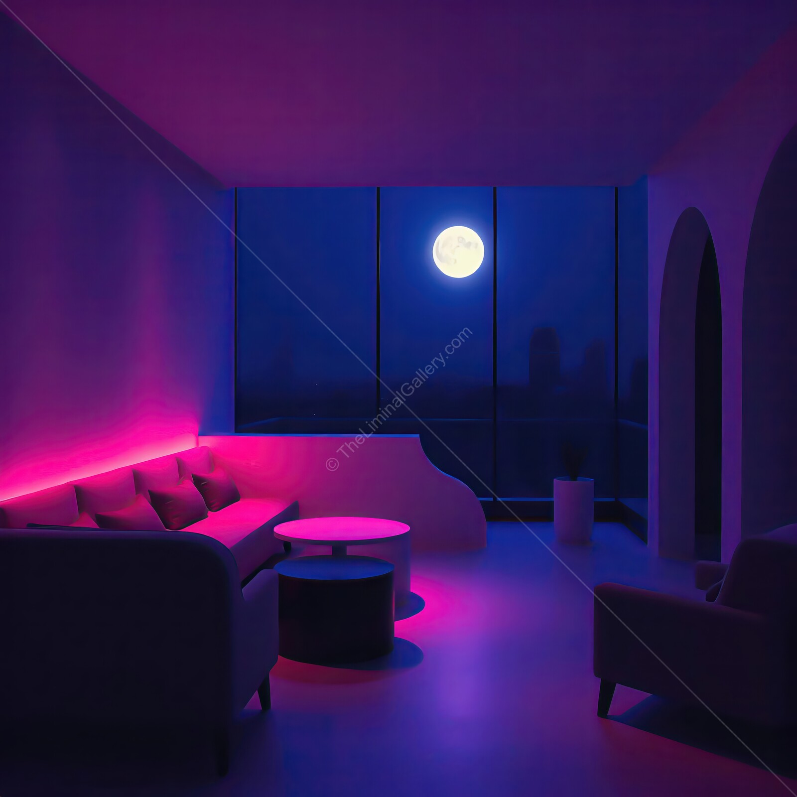 Stunning liminal night view from a modern apartment with vibrant lighting and a full moon overhead