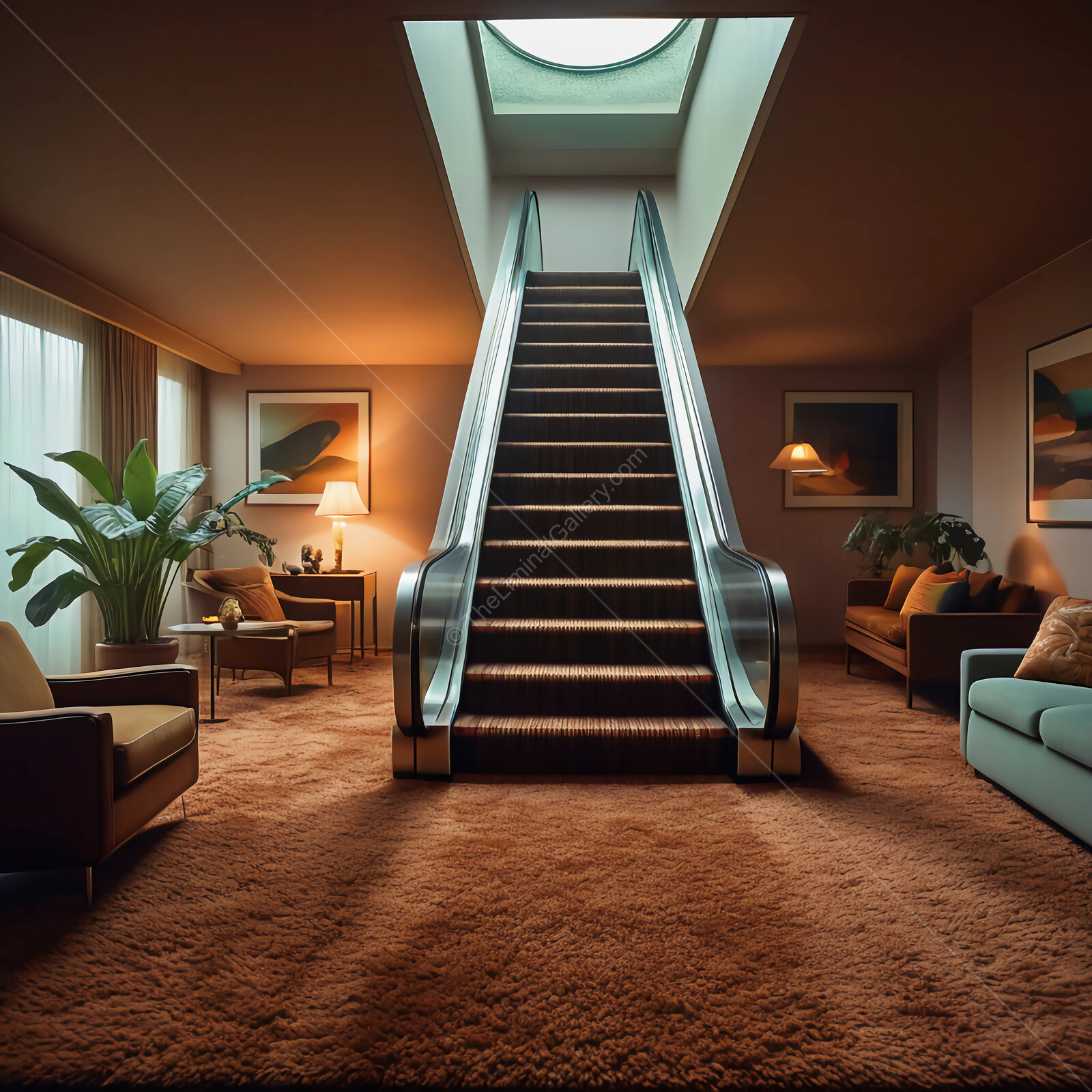 Exploring a stylish liminal interior featuring an elegant escalator in a cozy living space
