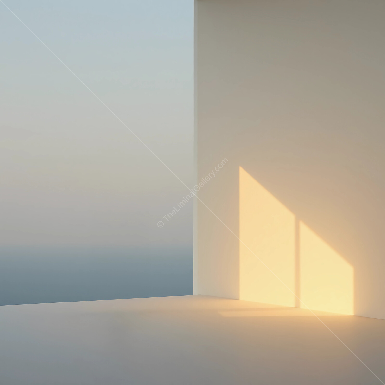 Sunlight softly dances on a liminal white wall creating a serene atmosphere during golden hour