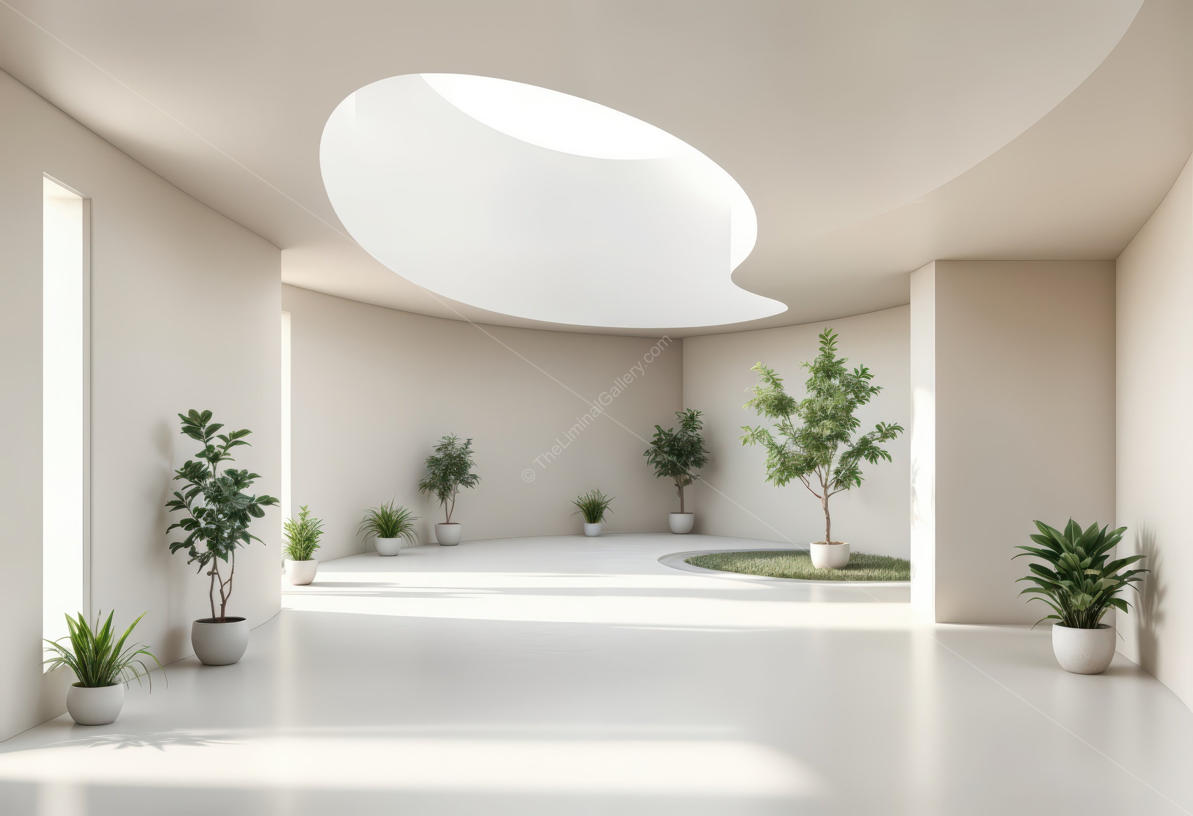 Serene indoor garden merges modern lines with sunlight, minimalist design and greenery creating a refreshing sanctuary for relaxation amid urban pace