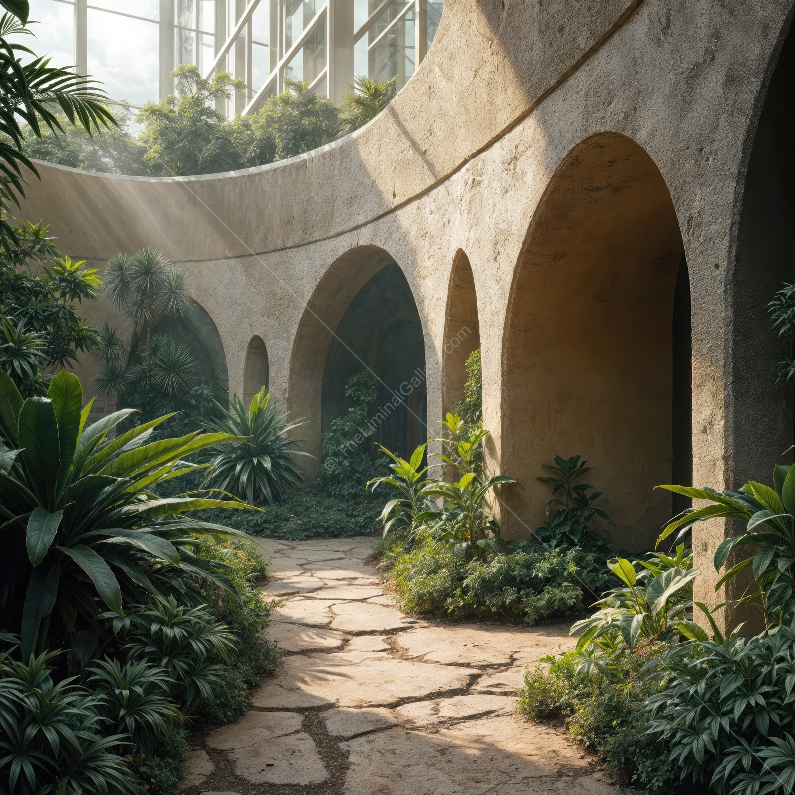 Sunbeams spill through arches onto a liminal indoor garden path, lush leaves and gentle light weaving a peaceful hideaway amid cascading verdant textures