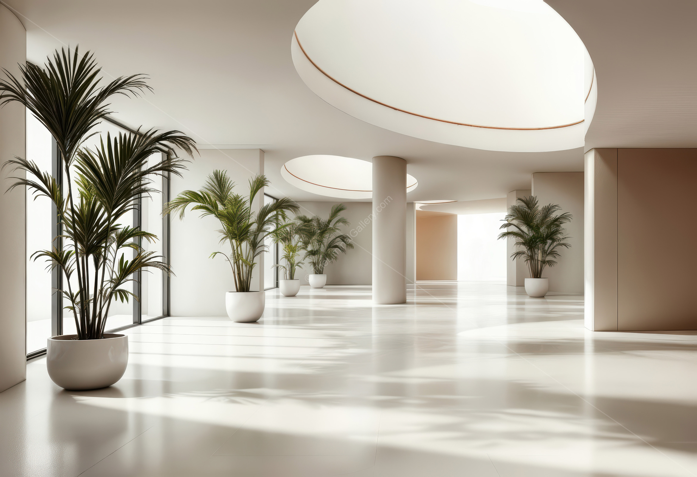 Bright, spacious interior blends minimalist design with abundant greenery, open layout and fresh light promoting tranquility, wellness and visual refreshment