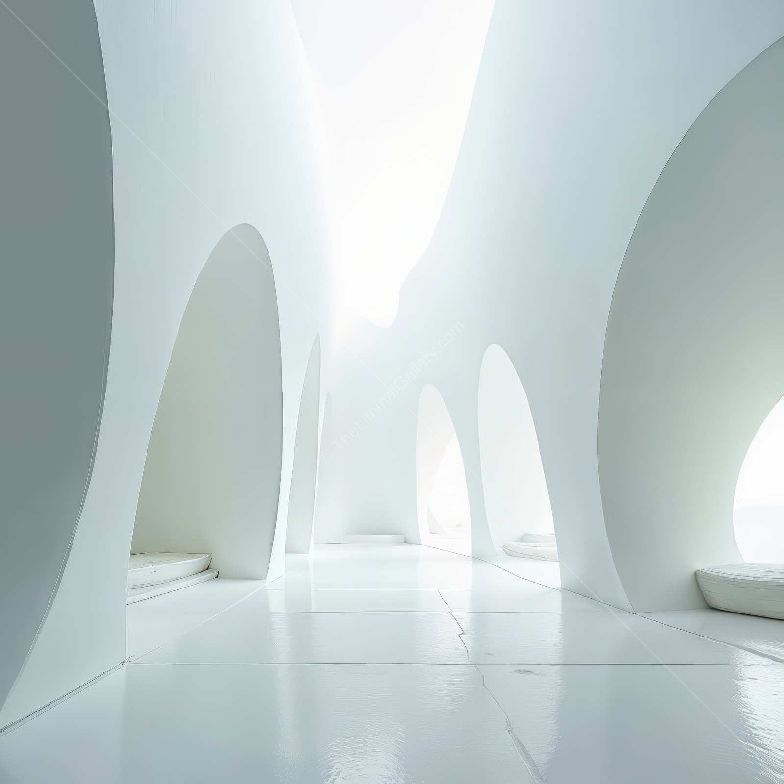 Inside a liminal minimalist retreat, graceful curves and sunlit walls compose a refuge where silence expands, encouraging mindful pause and interior peace