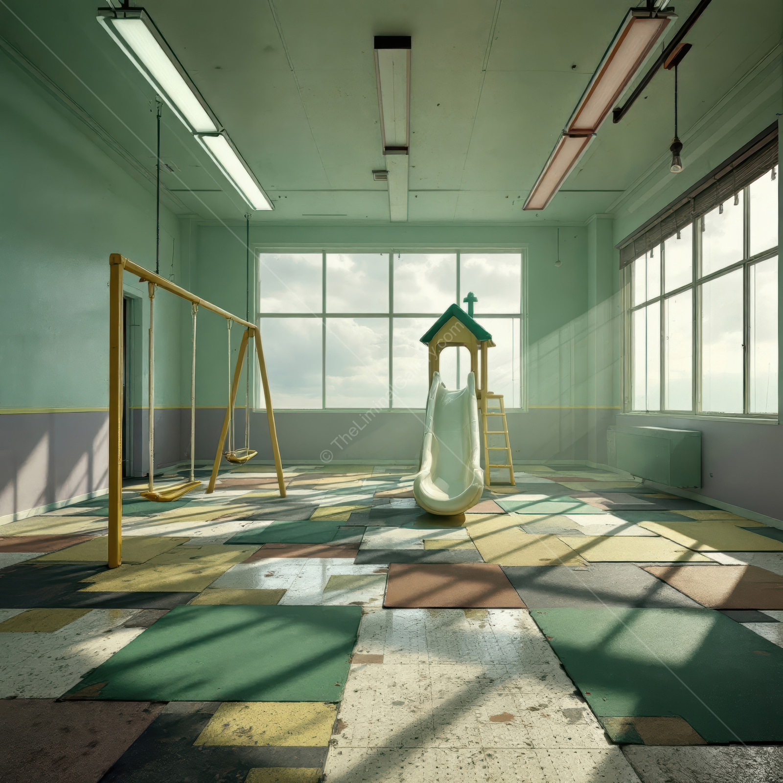 Liminal sun-bright playroom bursts with color; swings and slide energize the airy space, cultivating joyful creativity and cheerful adventure for curious children