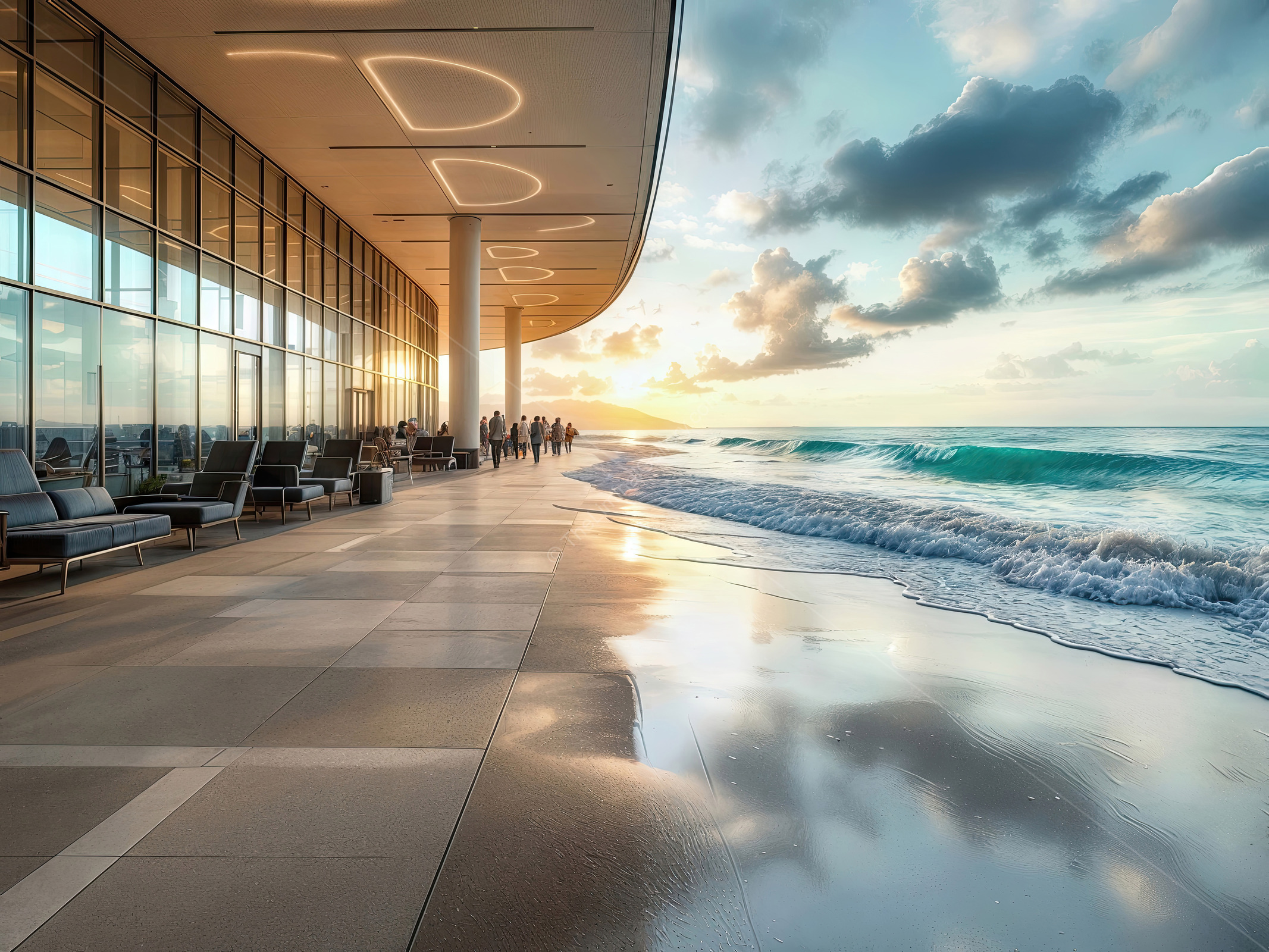 Sunset serenity by the shore with waves gently lapping at the coastline near a modern architectural marvel, where warmth and beauty combine to create a perfect escape