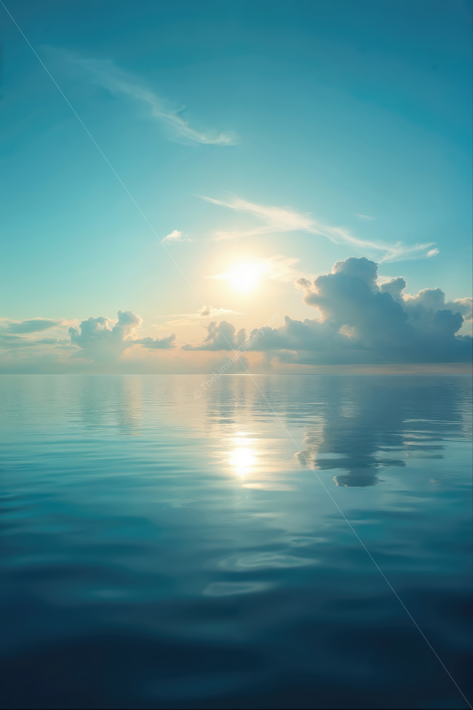 Exploring the tranquil beauty of a liminal space at sunset over calm waters with soft clouds reflecting in the serene ocean