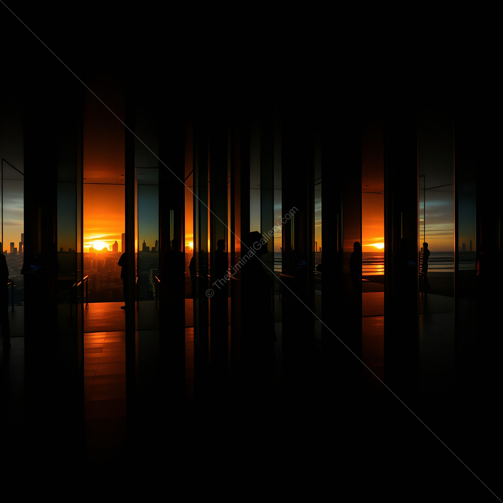Sunset reflections create a stunning silhouette against the city skyline