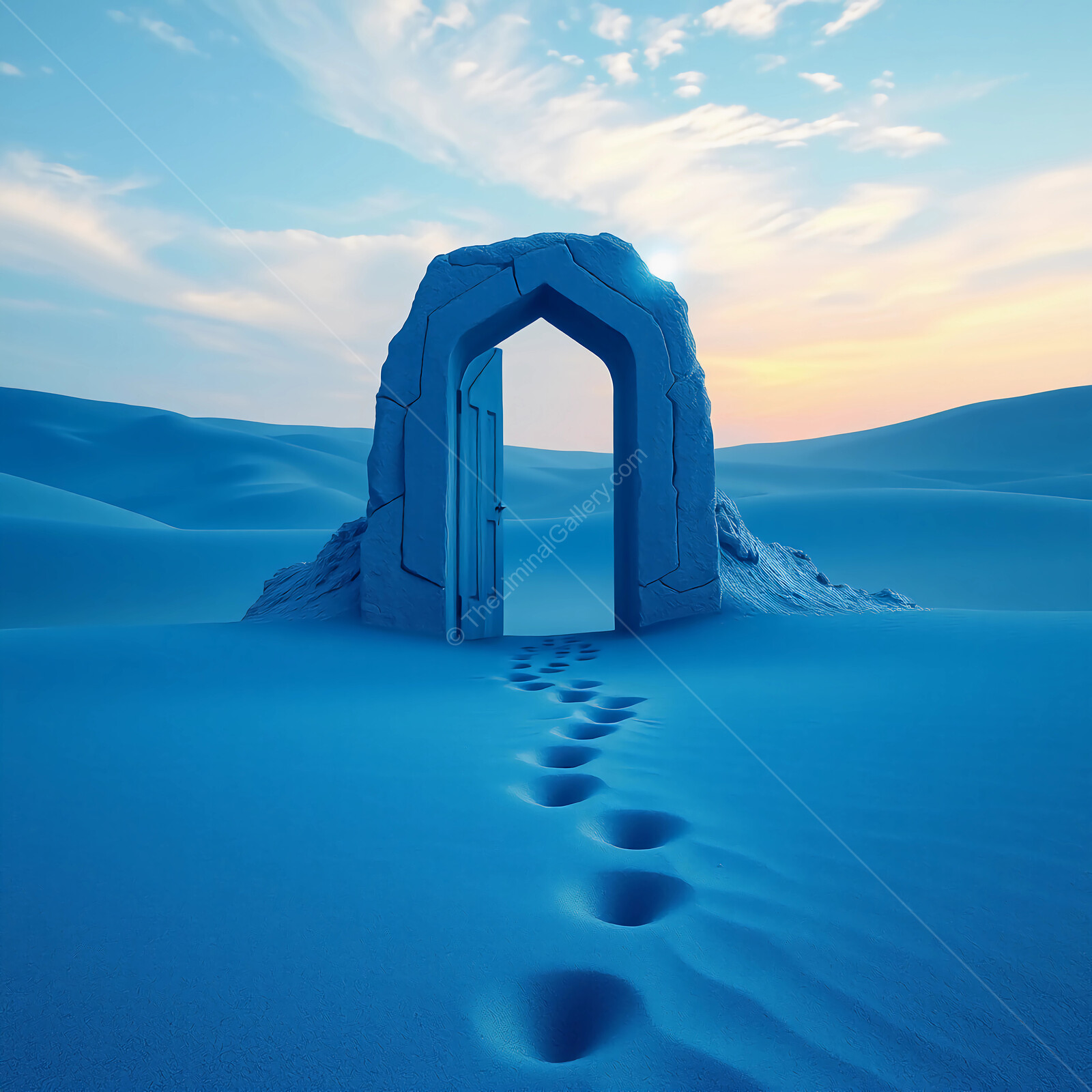 A surreal liminal doorway emerges from the endless blue sands under a vivid sunset sky
