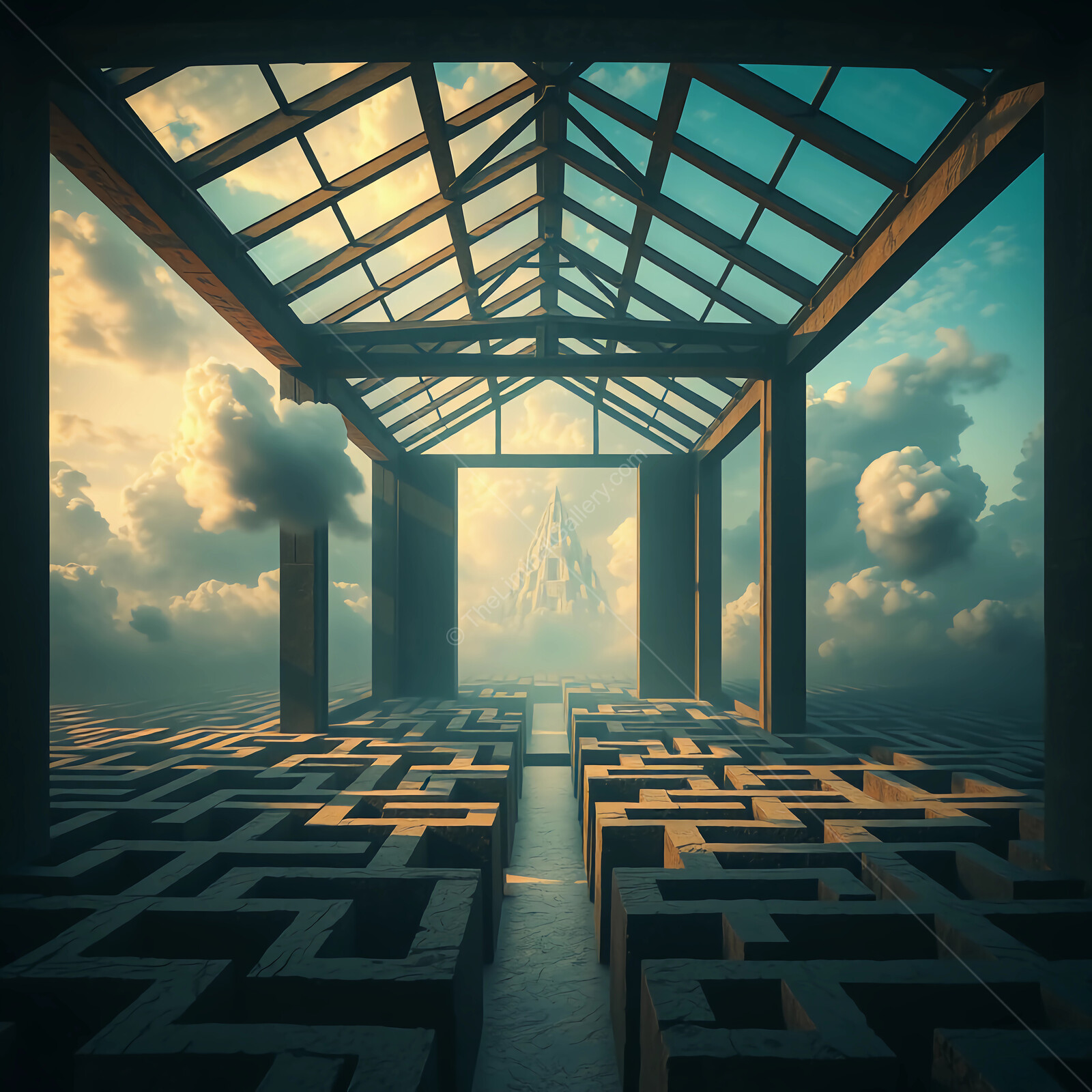 A surreal journey through a labyrinth under a striking sky at dusk