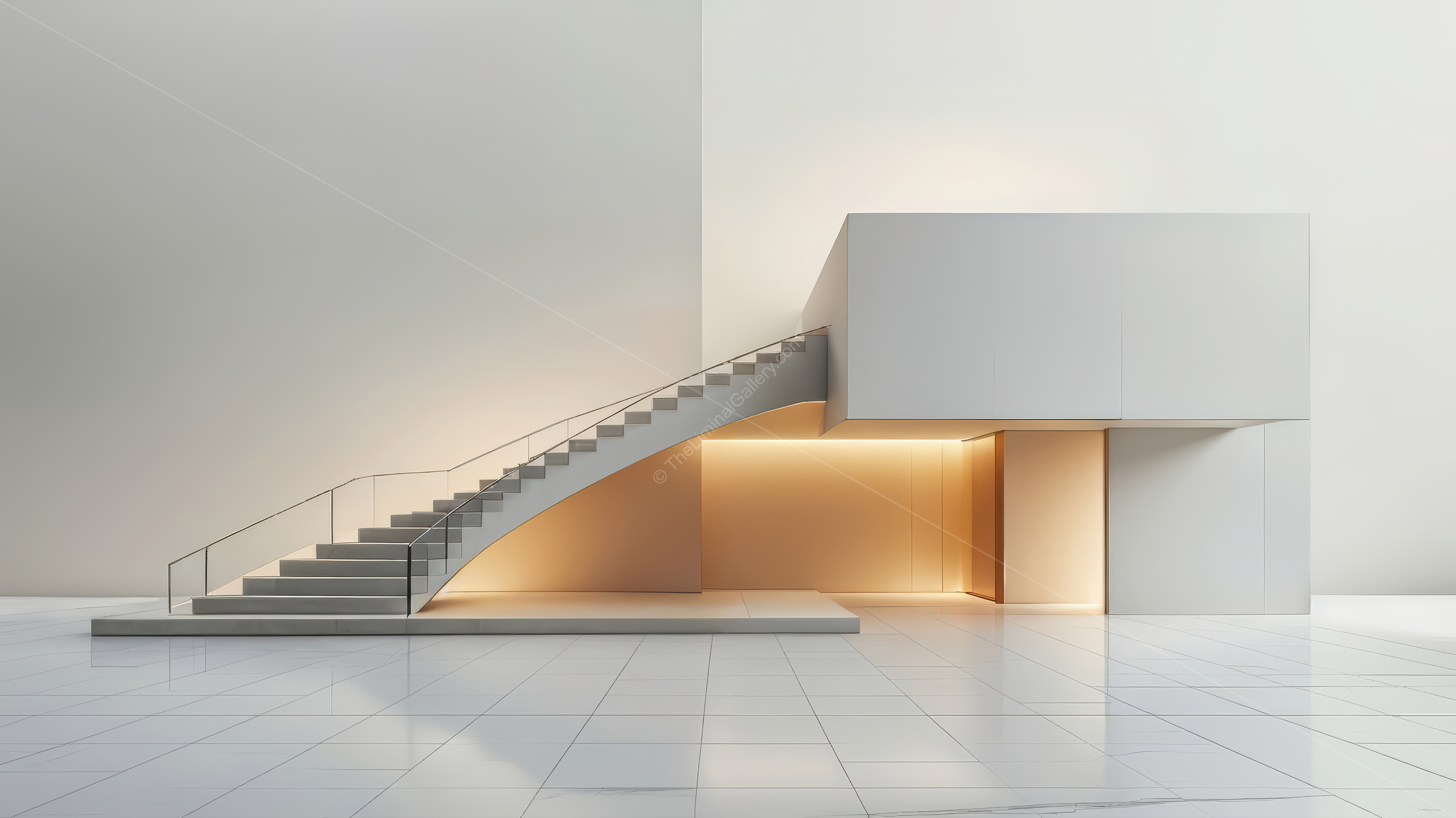 Elegant sweeping staircase anchors a spacious minimalist interior, soft ambient light accentuating smooth walls and open volume to create an airy, serene setting for contemporary life