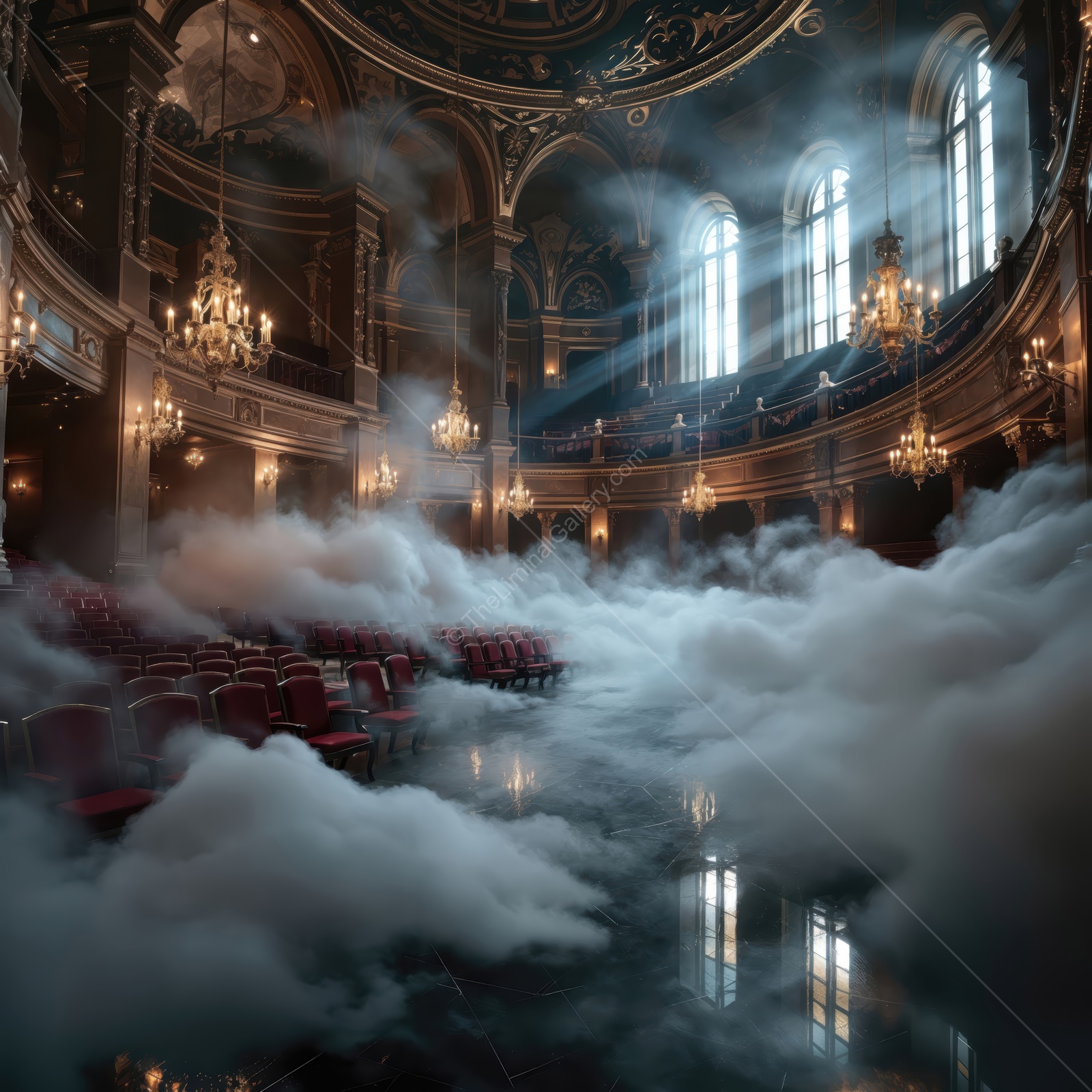 Mysterious theatrical hall enveloped in mist with scattered red seats illuminated by soft light