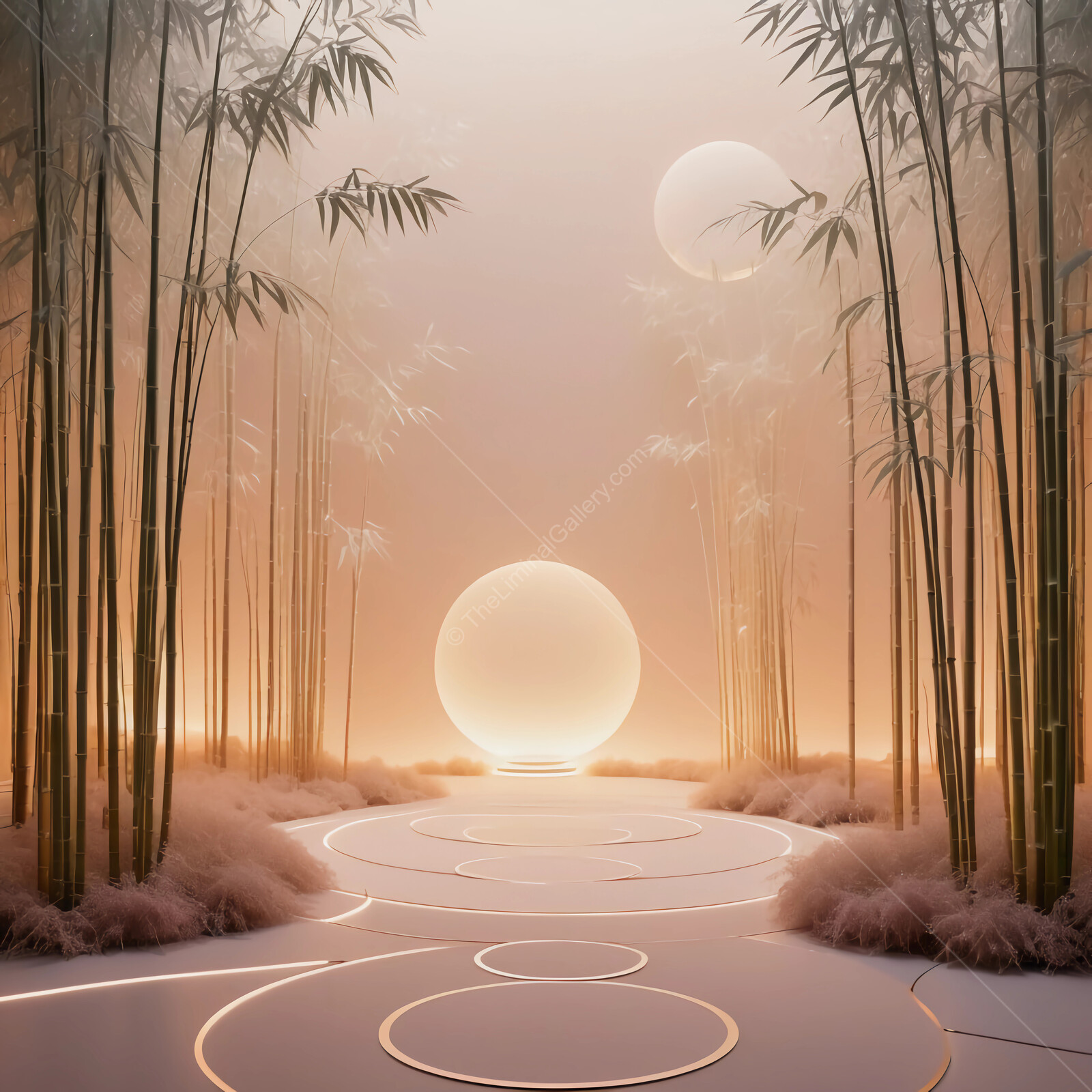 Tranquil bamboo path illuminated by soft orbs in a serene, misty atmosphere at dawn