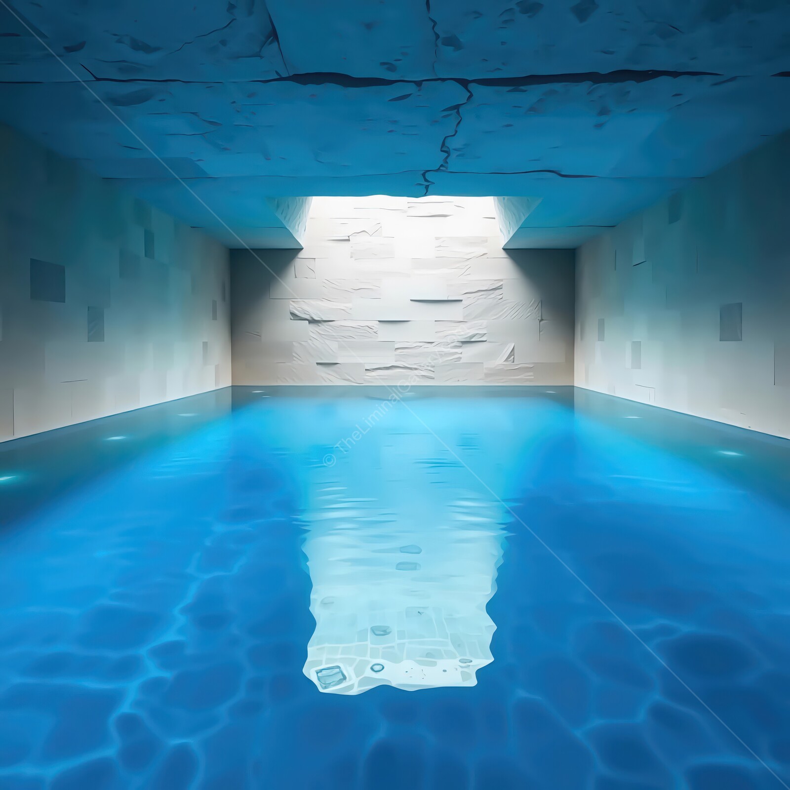 Tranquil blue water glows under soft lighting in serene liminal indoor oasis