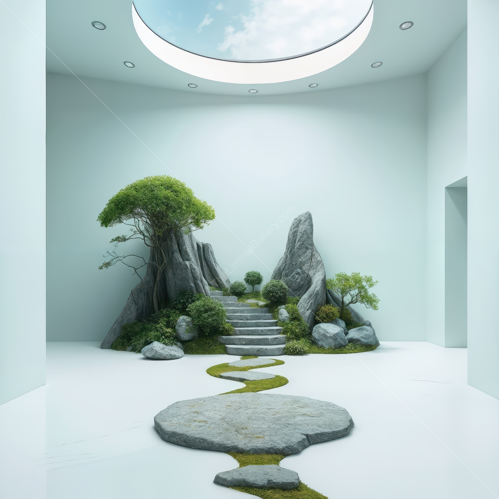 Tranquil indoor garden with serene stone pathway and lush greenery in a minimalist setting
