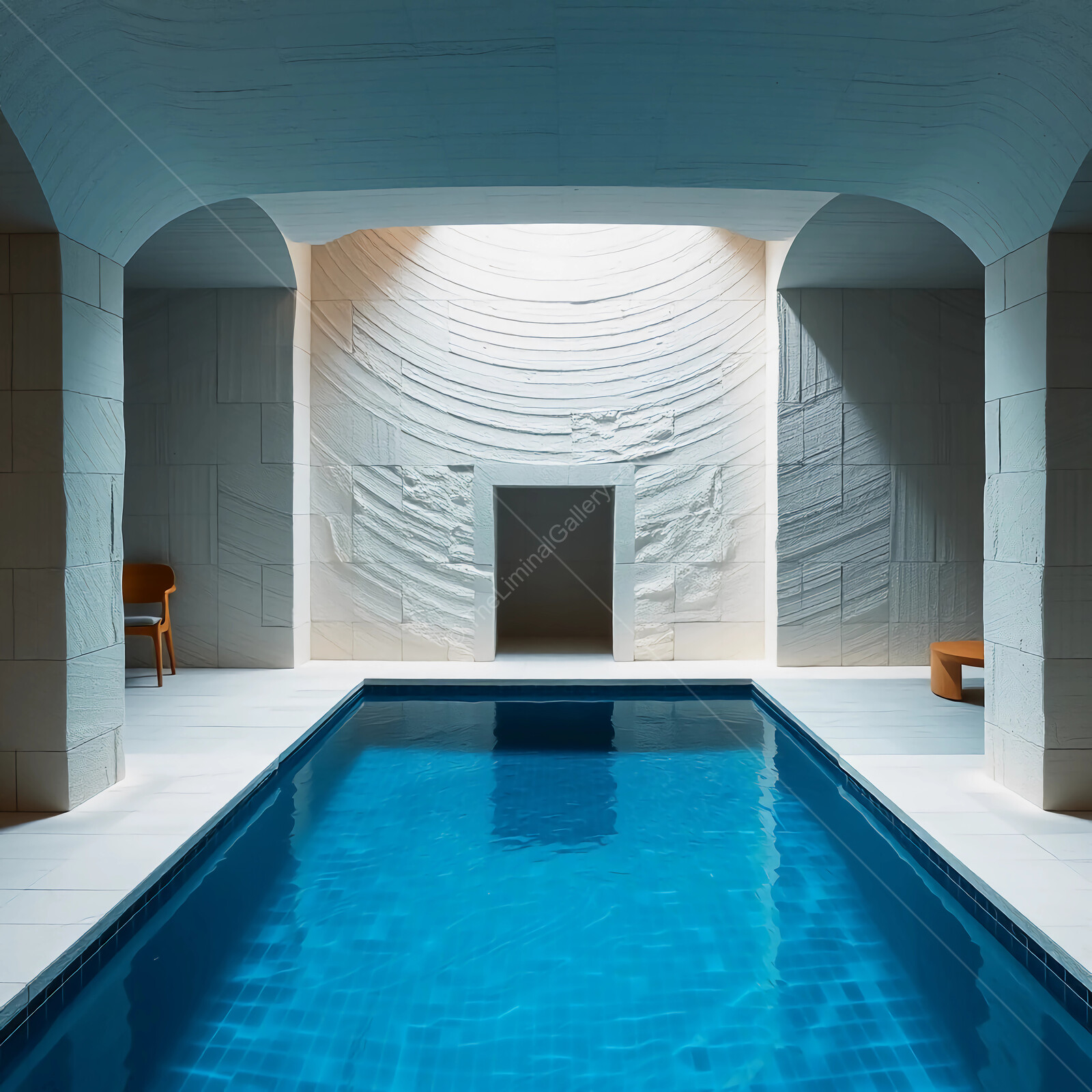 Tranquil liminal indoor pool retreat with serene lighting and minimalist architecture
