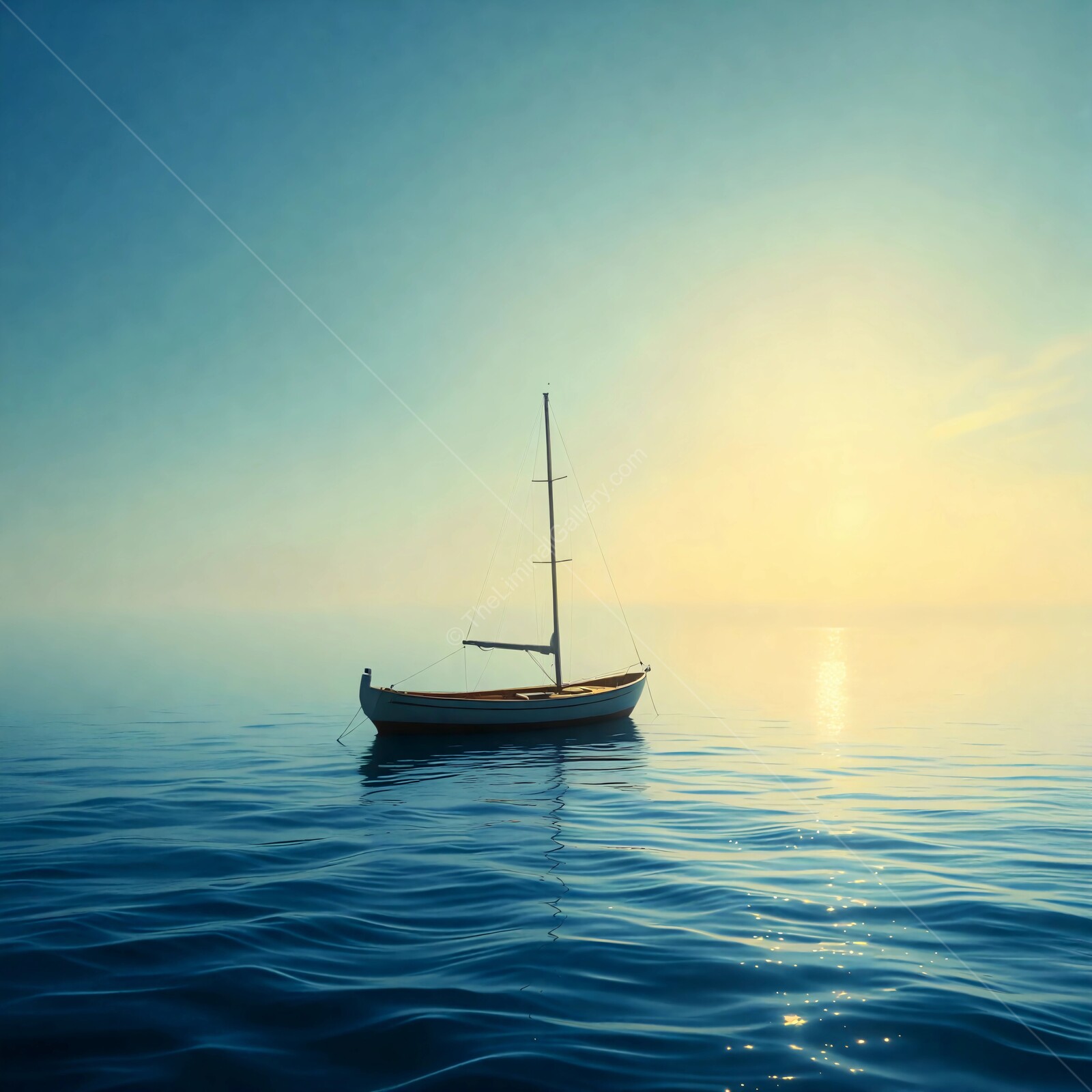 Tranquil morning at sea with a lone sailboat drifting in calm liminal waters under a golden sunrise
