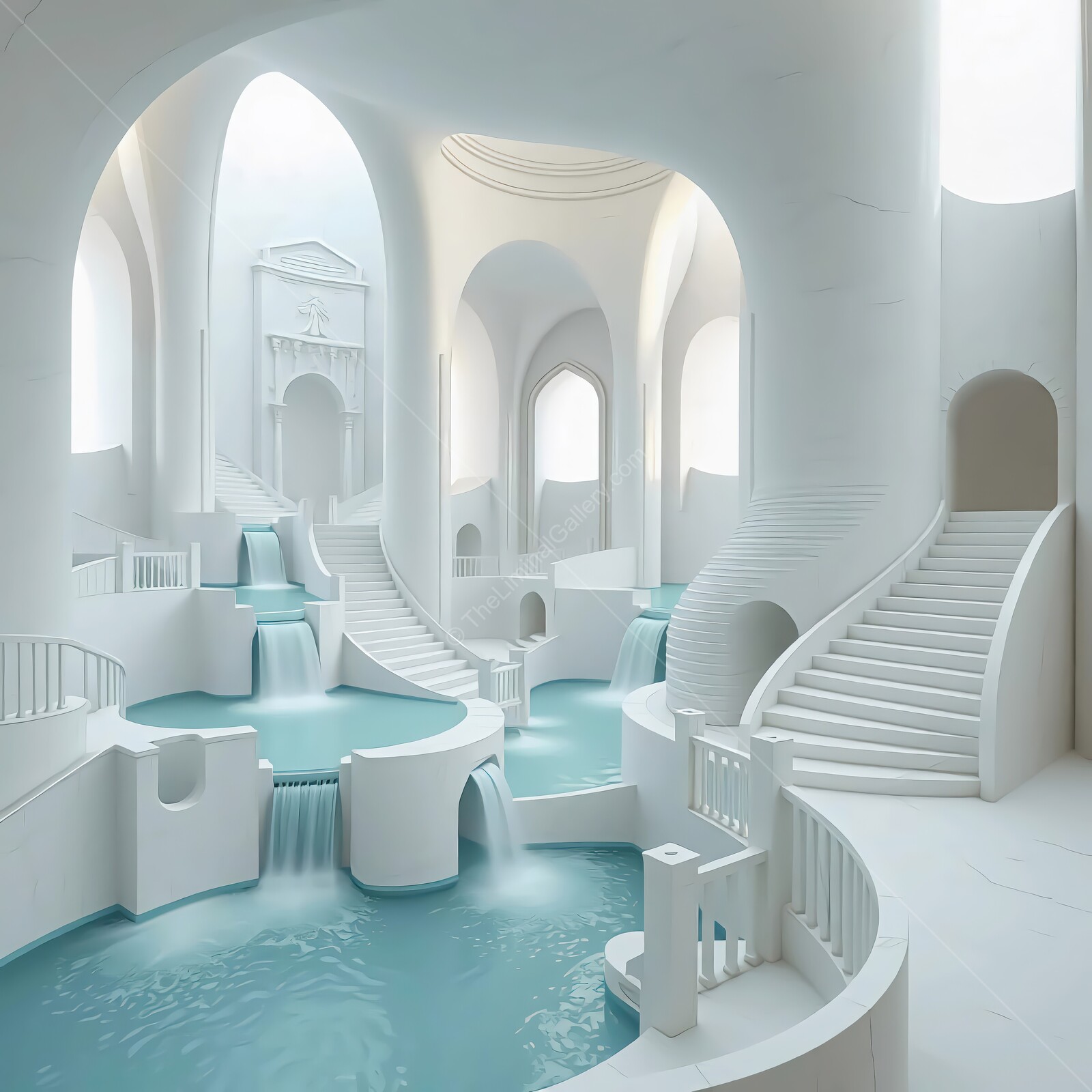 Tranquil liminal waters flow through a serene architectural sanctuary of white stone and soft blue reflections